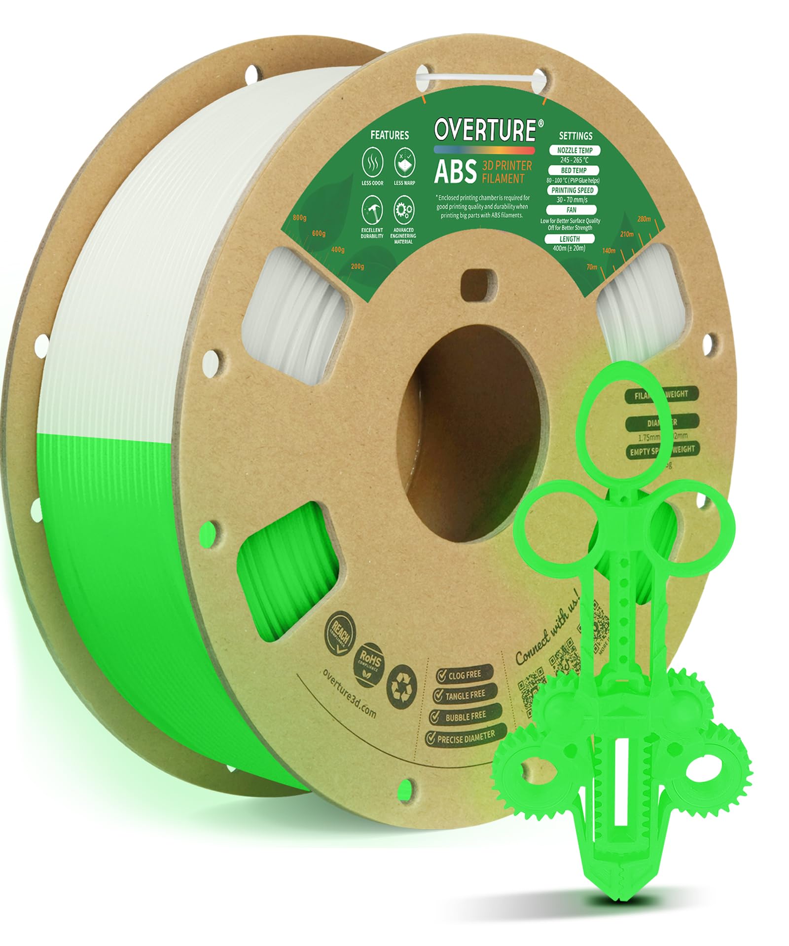 OVERTURE ABS Filament 1.75mm, High Strength & Heat-Resistant 3D Printer Filament, Low Warping, Excellent Durability, ABS 1kg (2.2lbs) Cardboard Spool,