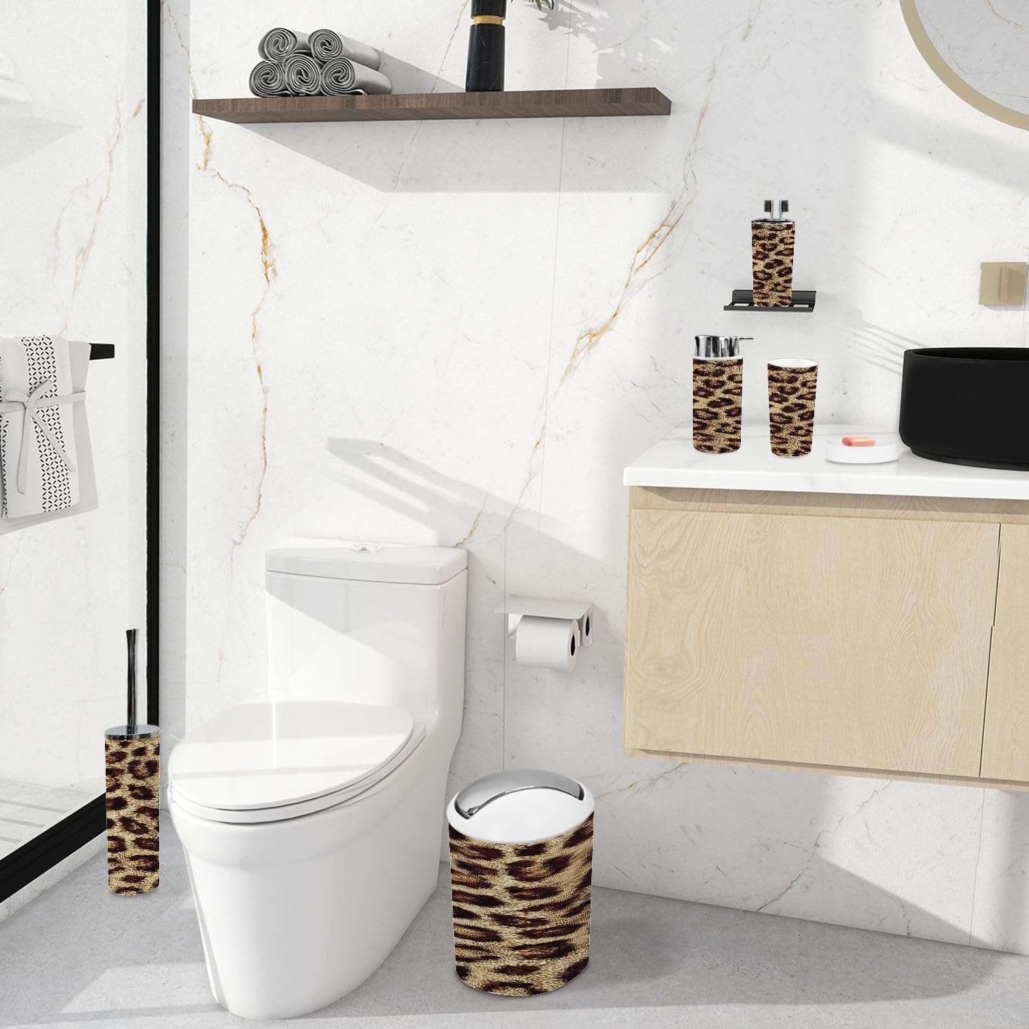 Bathroom Accessory Set 6 Piece Animal Print Seamless Leopard Skin Trash can, Toothbrush Holder, Soap Dispenser, Soap Dish, Toothbrush Cup, Toilet Brush Holder