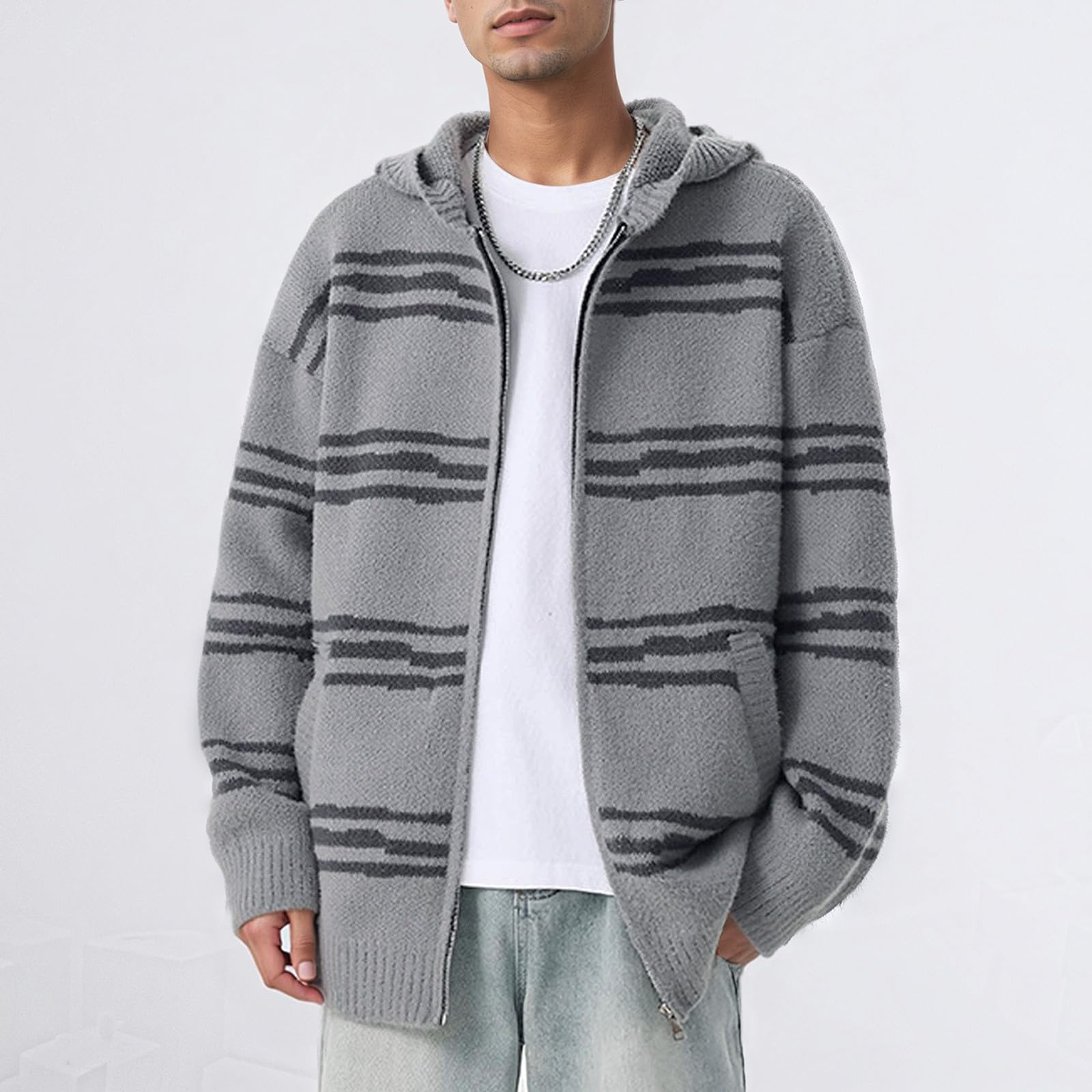 Cardigan con chiusura lampo, da uomo, con motivo a righe trasversali, con cappuccio, morbido, leggero, vintage, lavorato a maglia, per le mezze stagioni, comodi e caldi cardigan