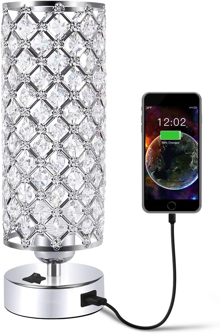Acaxin USB Crystal Table Desk Lamp with USB Port, Elegant Bedside Light, Glam Lamps for Bedrooms, Small Decorative Lamp, Nightstand Lamp for Bedroom/Living Room/Dressing Room-Excluded Bulb