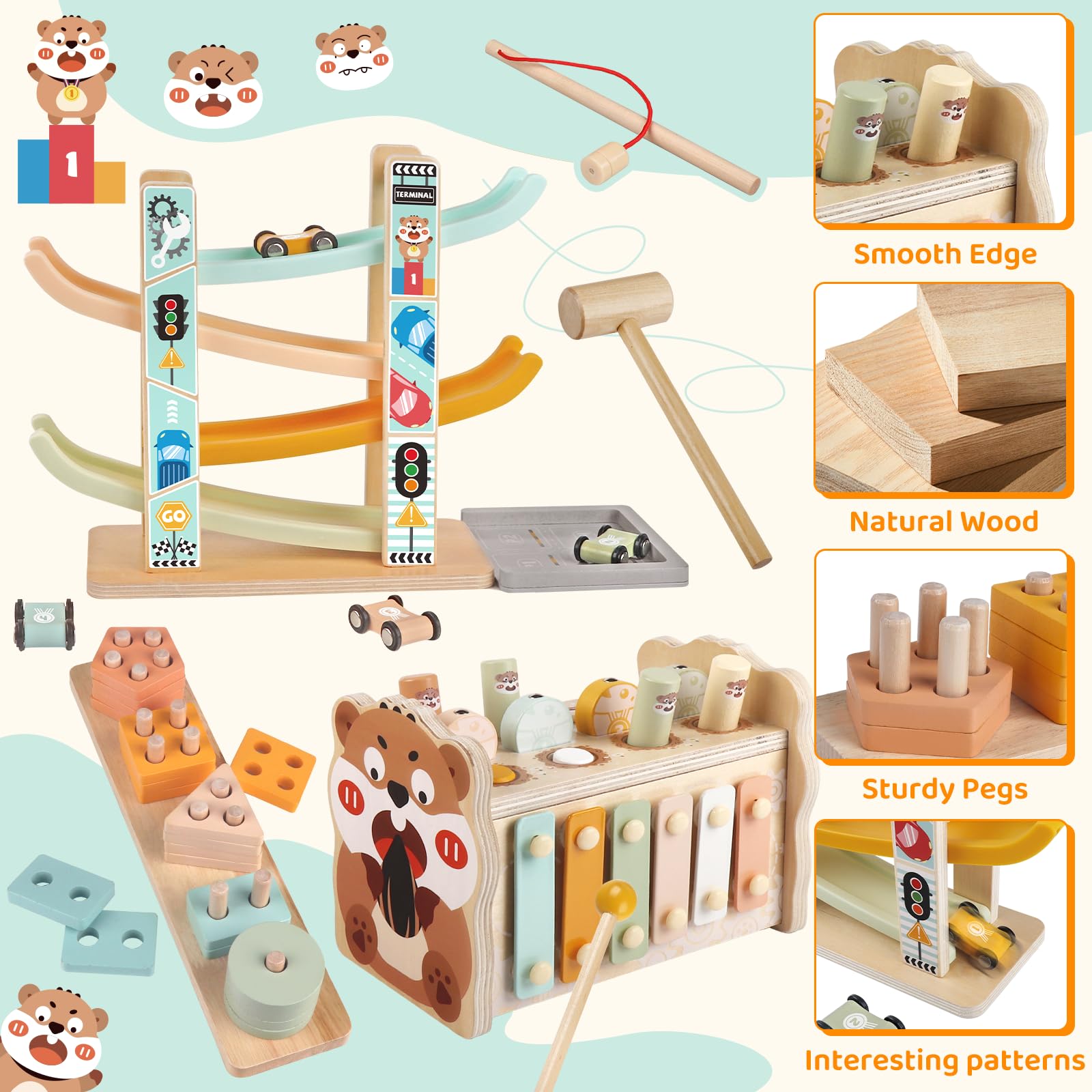 Weilim Giochi Montessori Bambini 1 Anno Legno Cubo Attività Macchinine | Cubo attività 5 lati: xilofono, martello, pesca, ingranaggi, incastri forme e blocchi impilabili. Regalo bimbo 1 anno, EN71