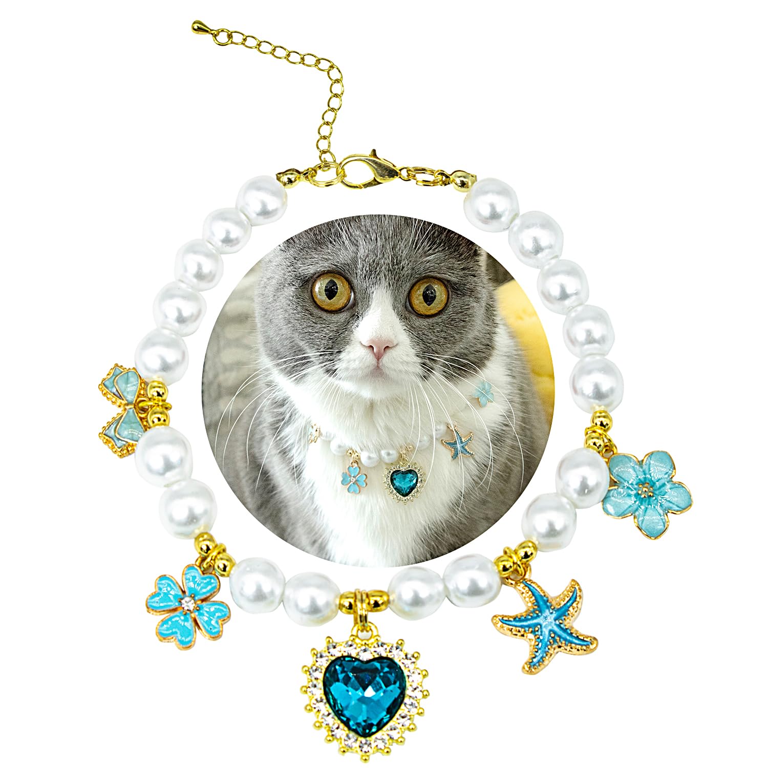 SM4BED Dog Cat Collar Pearl Necklace, White Beads with Blue Shiny Heart Rhinestone Diamond Pendant and Flower Bowknot Starfish, Adjustable Small Pet Jewelry for Chihuahua Yorkie, S 8.6IN — image 1