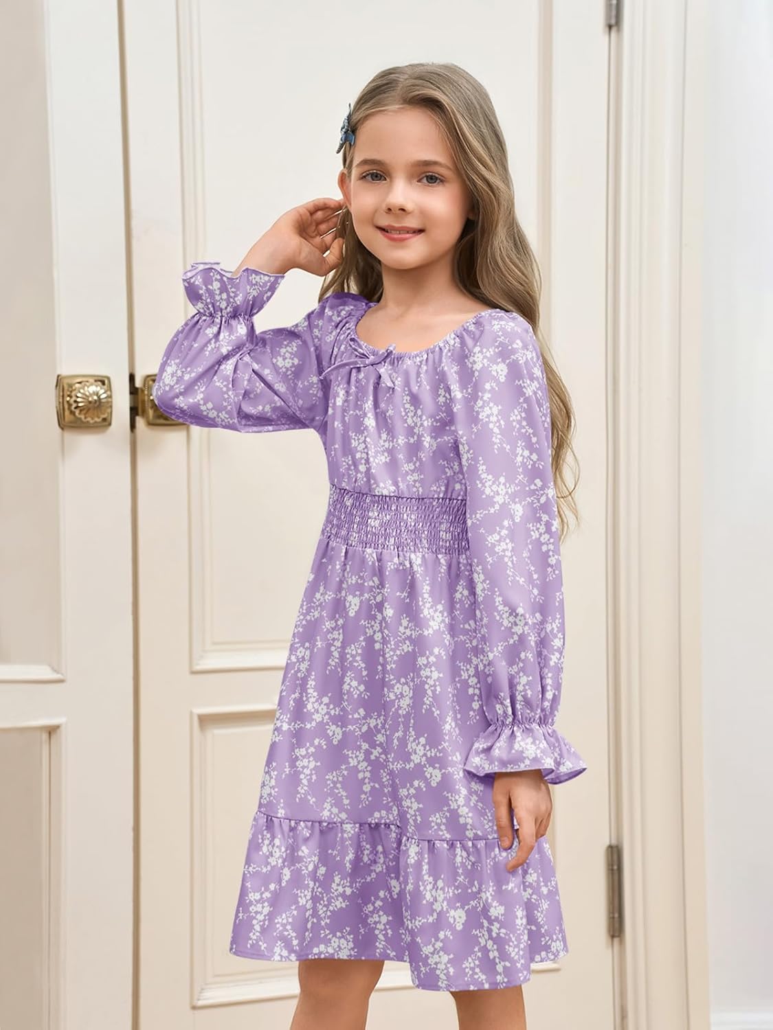 Haloumoning Girls Fall Long Sleeve Floral Dresses Kids Square Neck Smocked Holiday Party Dress 5-14 Years - Image 3