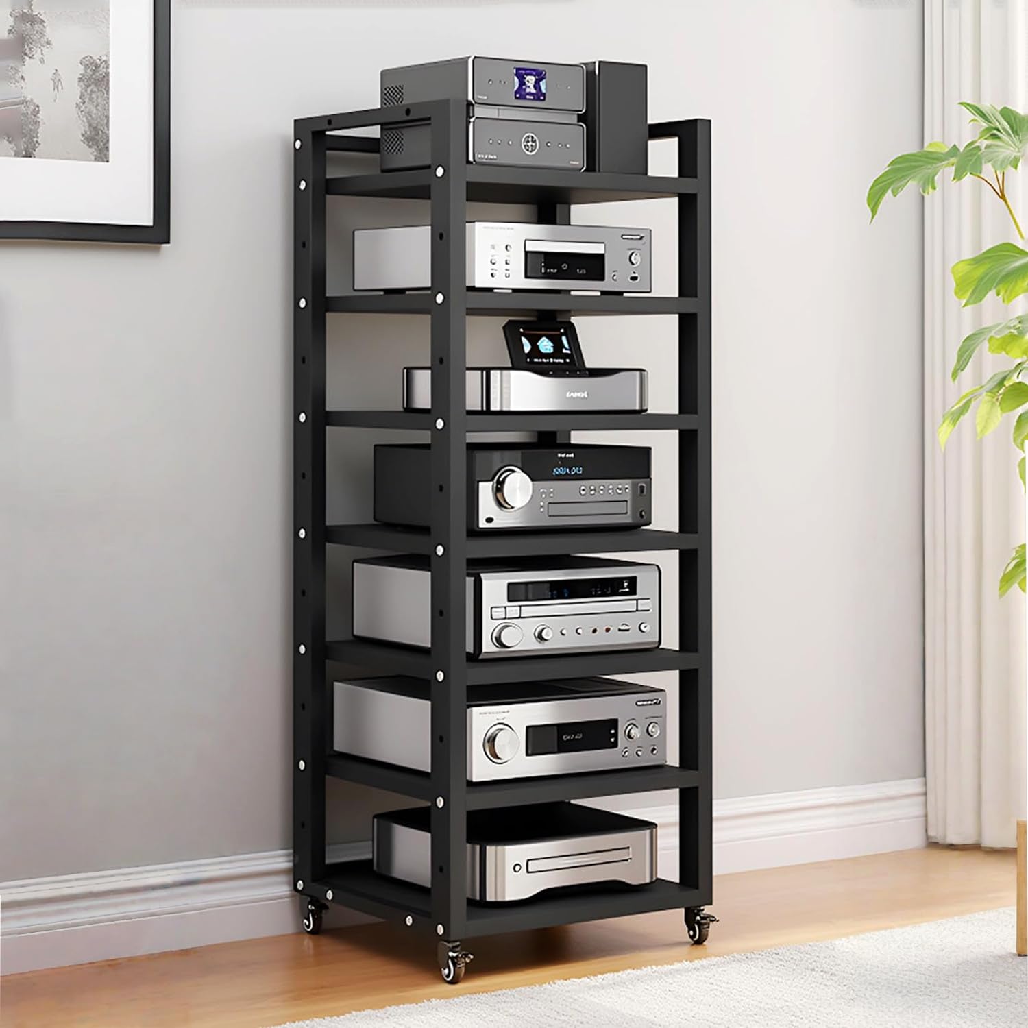Photo 1 of XEOKXOIT 7 Tier AV Media Stand, 55in Audio Rack Tower Stereo Components Cabinet, Home Theatre CD Record Player Stereo Receiver Equipment Rack with Adjustable Wood Shelves, Load 400lbs (Black)
