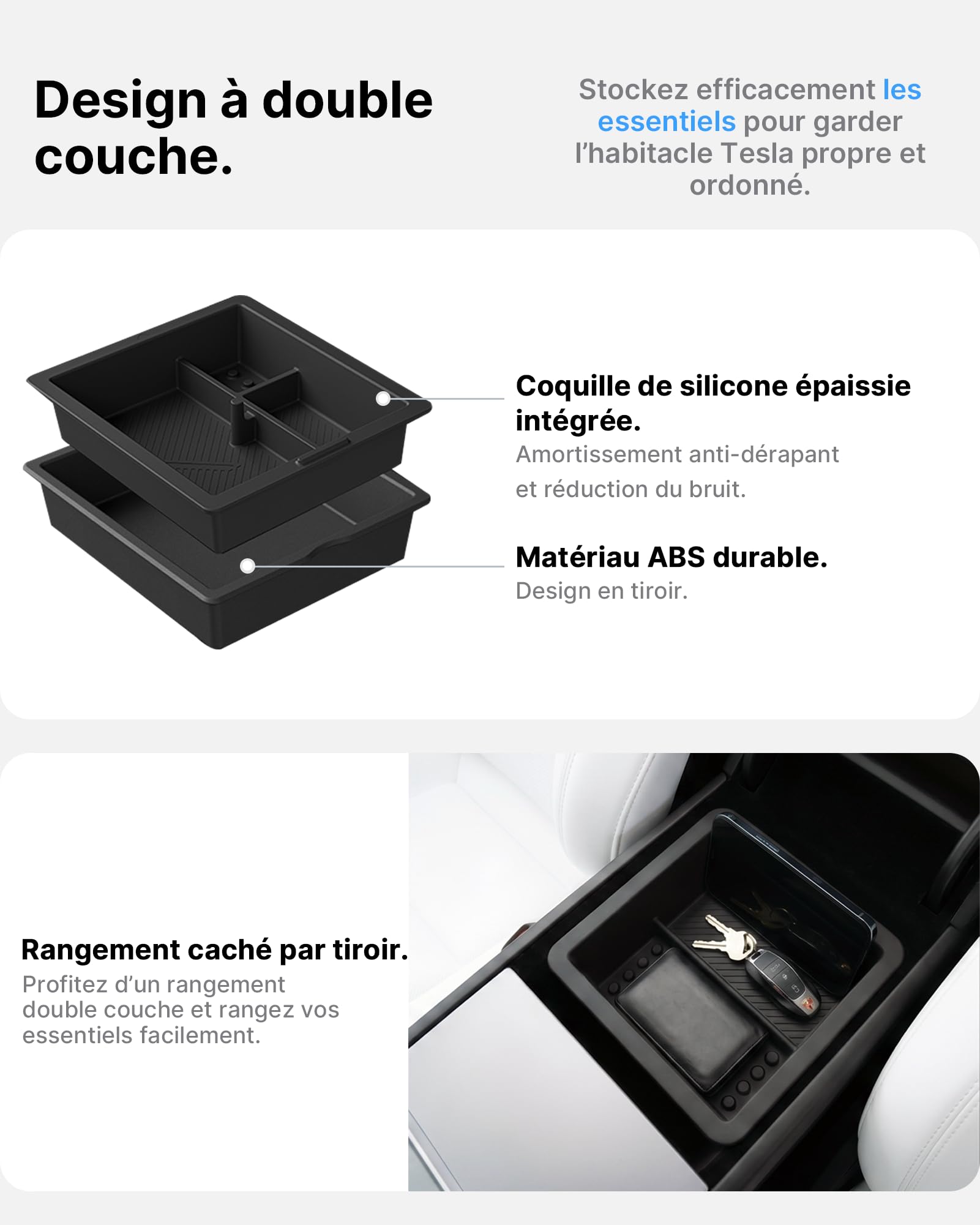 4 Plateaux Organisateurs Console Centrale pour Tesla Model 3 Highland 2024-2026 & Model y Juniper 2025-2026 (Premium/Performance), Boîte Magnétique Cachée Antidérapant Sans Outils