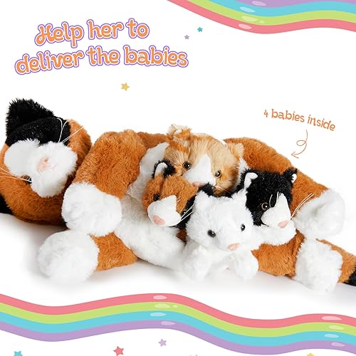 Miniatura 7 de Houwsbaby Juego de 5 juguetes de peluche para gatos, mamá gato con 4 gatitos, sorpresa de gatito, animales de peluche para padres e hijos para