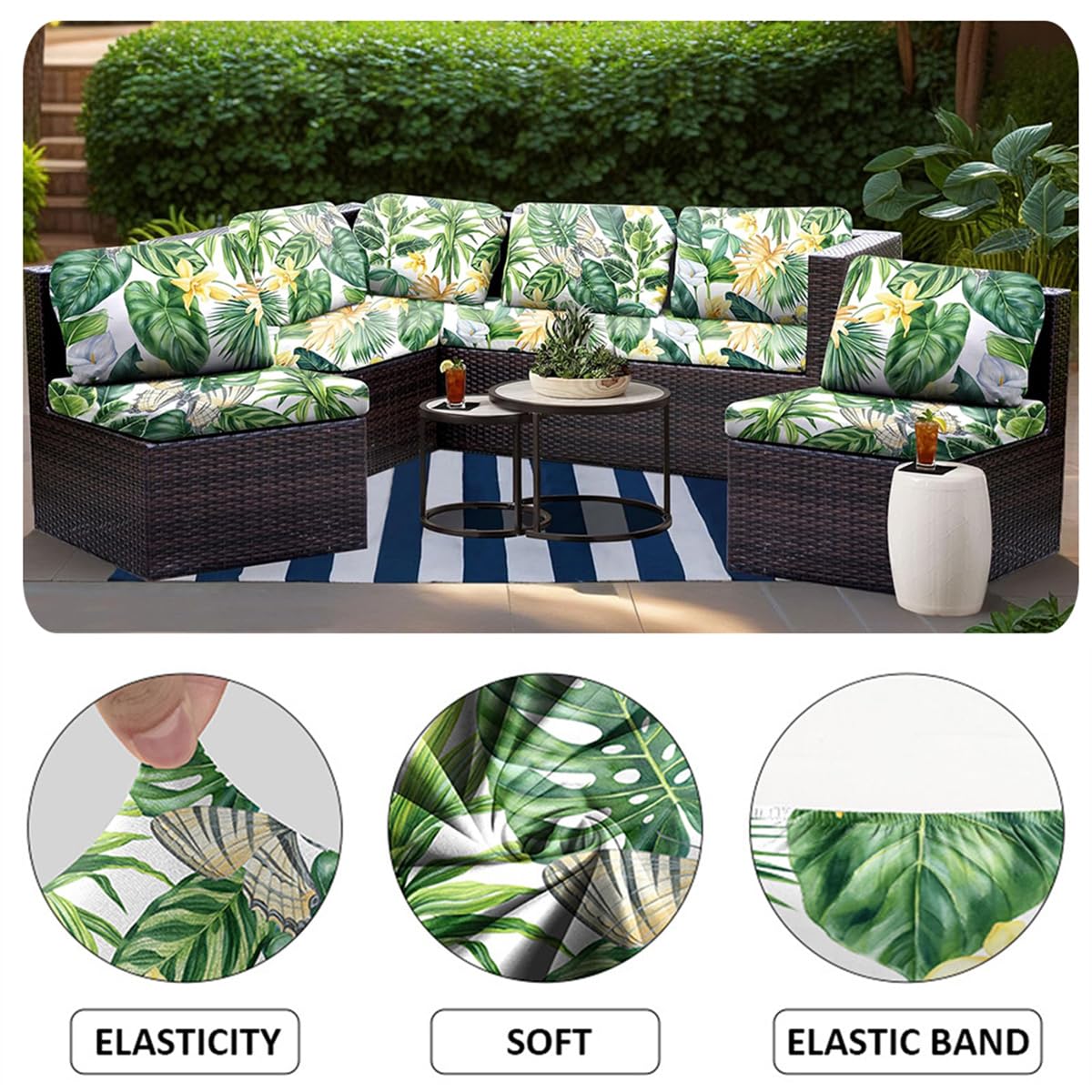 Hiseng Funda de Cojín Sofá Exterior Suave Elástica 3D Estampado de Hojas de Palma Repuesto Funda de Cojin de Asiento Patio Jardín Separados Lavable con Banda Elástica (Verde,12 Piezas)
