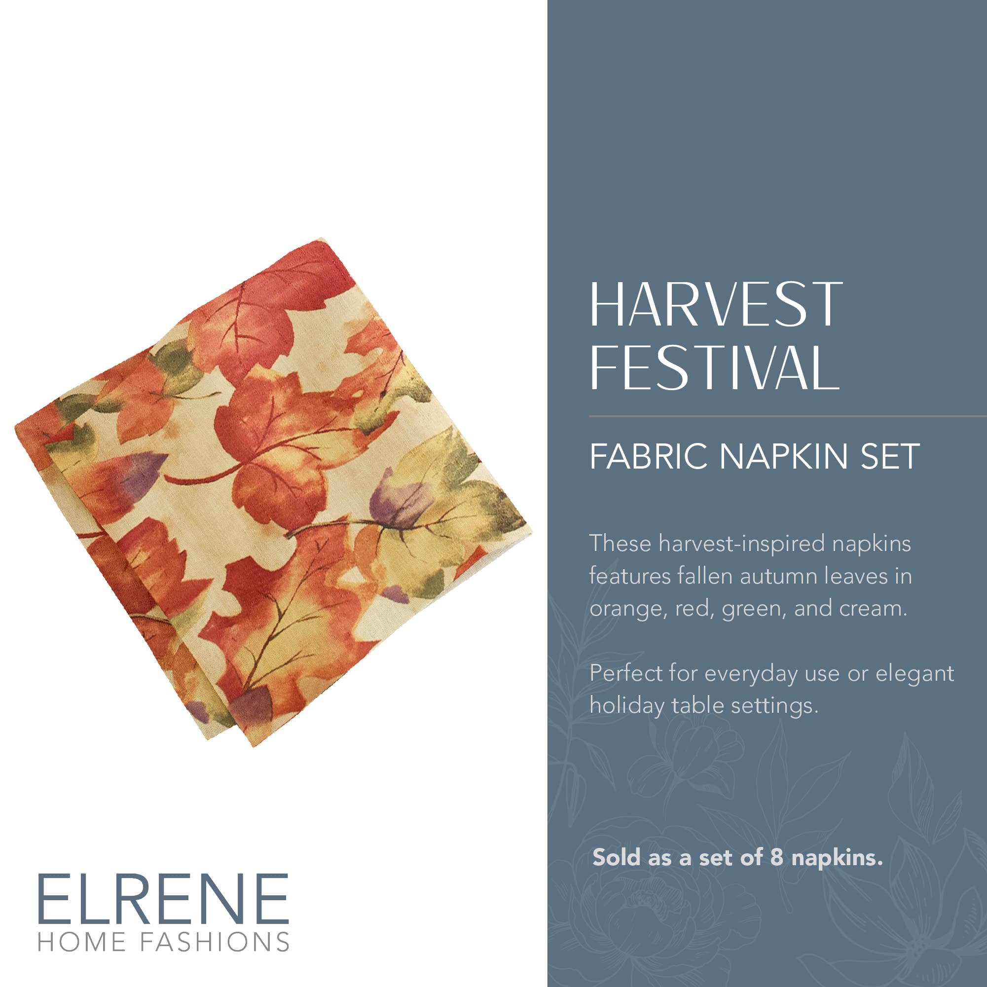 Elrene Home Fashions Serwetki jesienne z nadrukiem, zestaw 8 sztuk, poliester, Multi, 43 x 43 cm