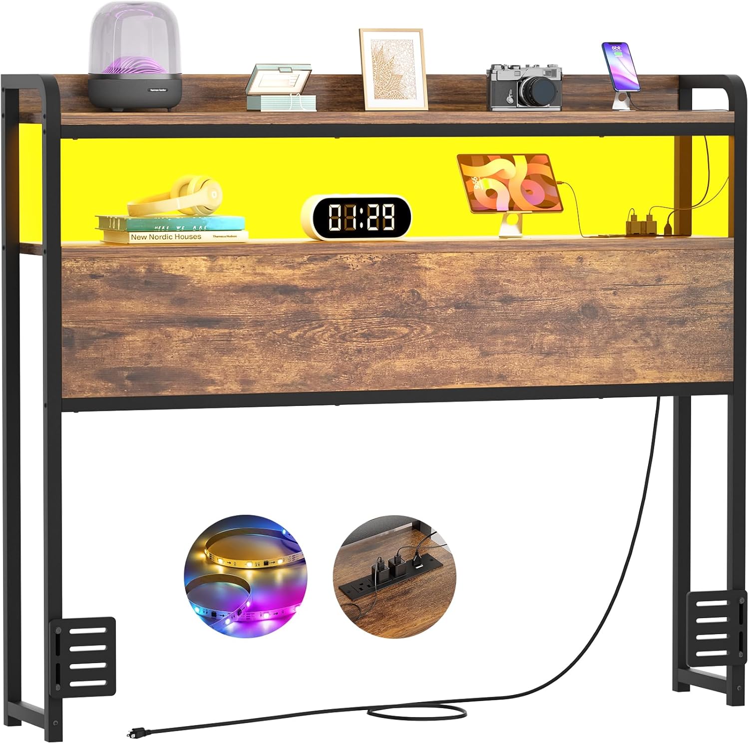 Aheaplus Headboard for Twin Size Bed Frame, Headboards with Outlets, USB Ports and LED Light, Head Board with Storage, Height Adjustable, Sturdy and Stable Headboard, Twin Size, Rustic Brown