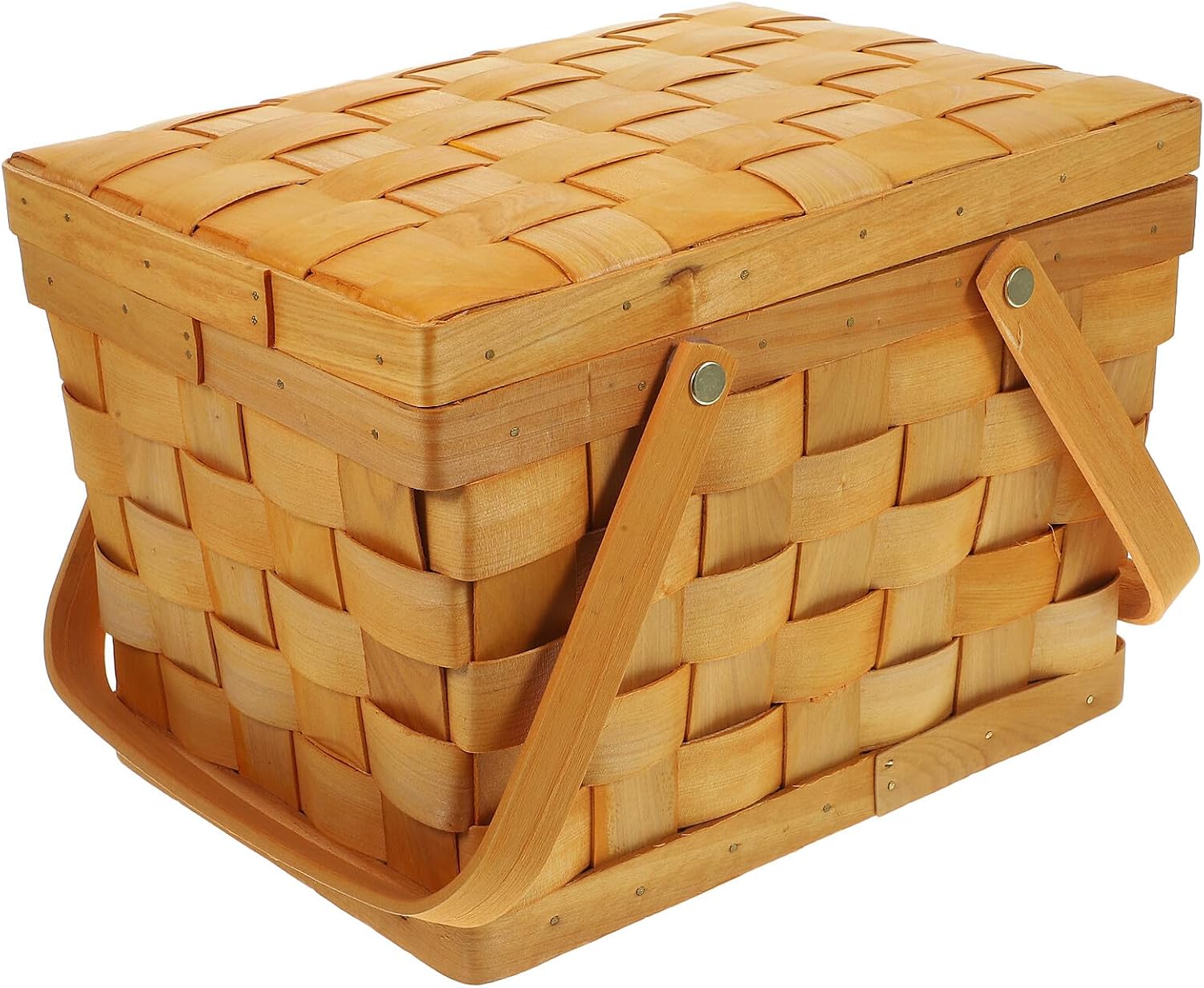 Lidded Woven Fruit Basket with Handle Small Handheld Wooden Picnic Basket for Outdoor Storage and Home Organization Light Color Multi-Purpose Snack