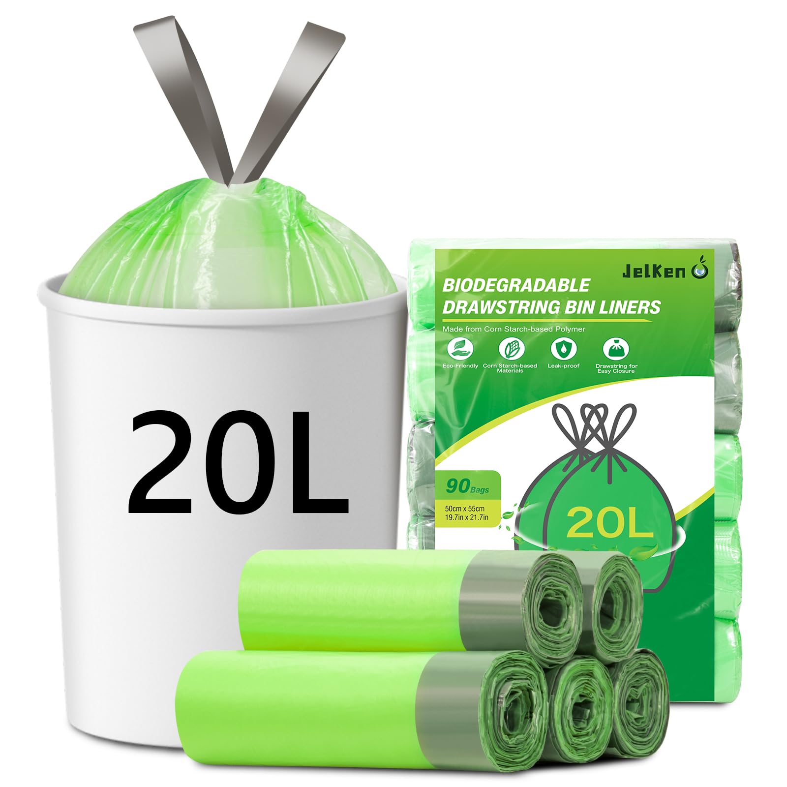 Jelken 90 Biodegradable Bin Liners 20L With Drawstring Tie Handle, Food Waste Bags Strong Trash Bags (50 X 55Cm)