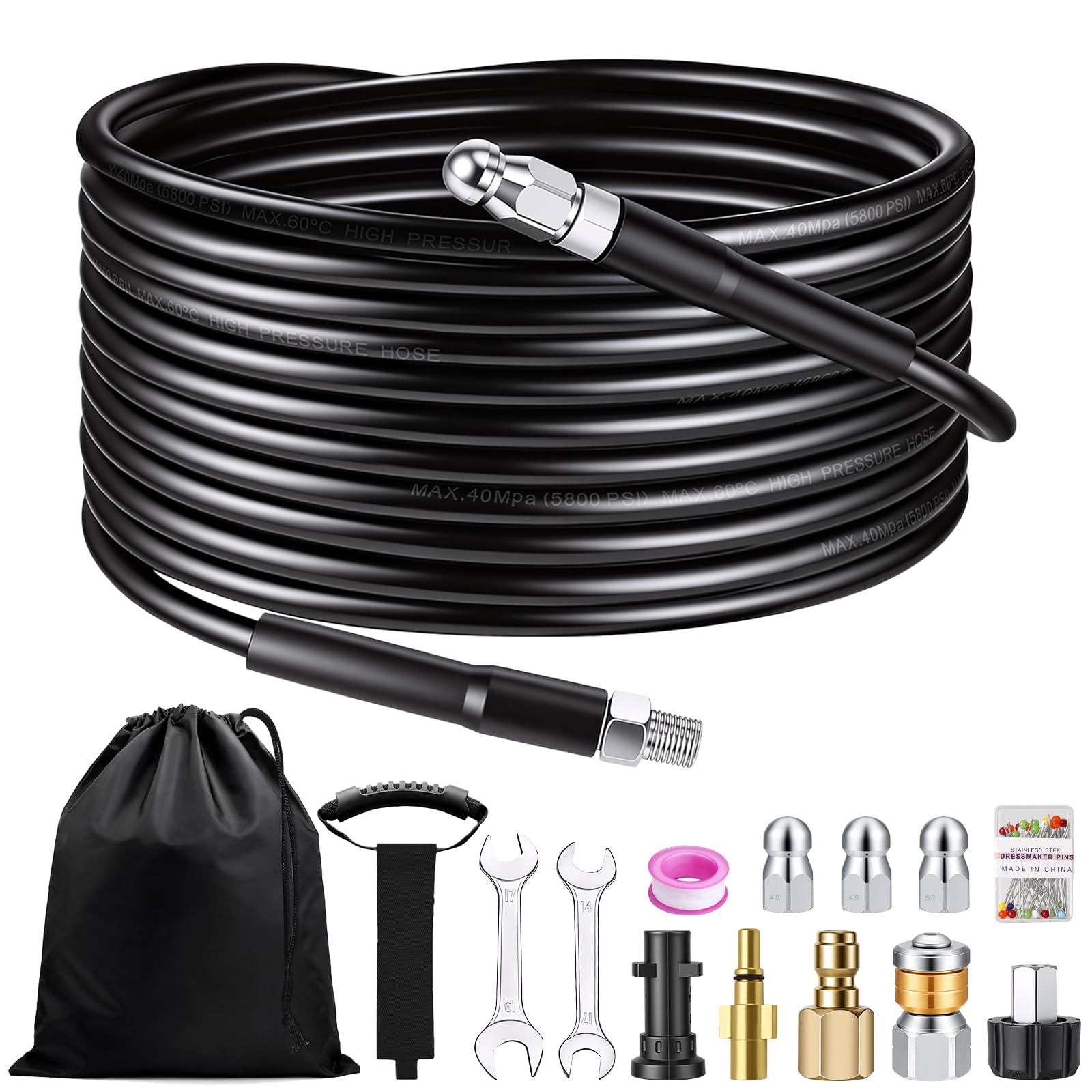 Furet Karche 10M, Tuyau Deboucheur Canalisation Haute Pression, Tuyau Nettoyeur Haute Pression, 5800 PSI/400 Bar, Compatible avec Karcher K2-K7, avec Buse Rotative & Adaptateur