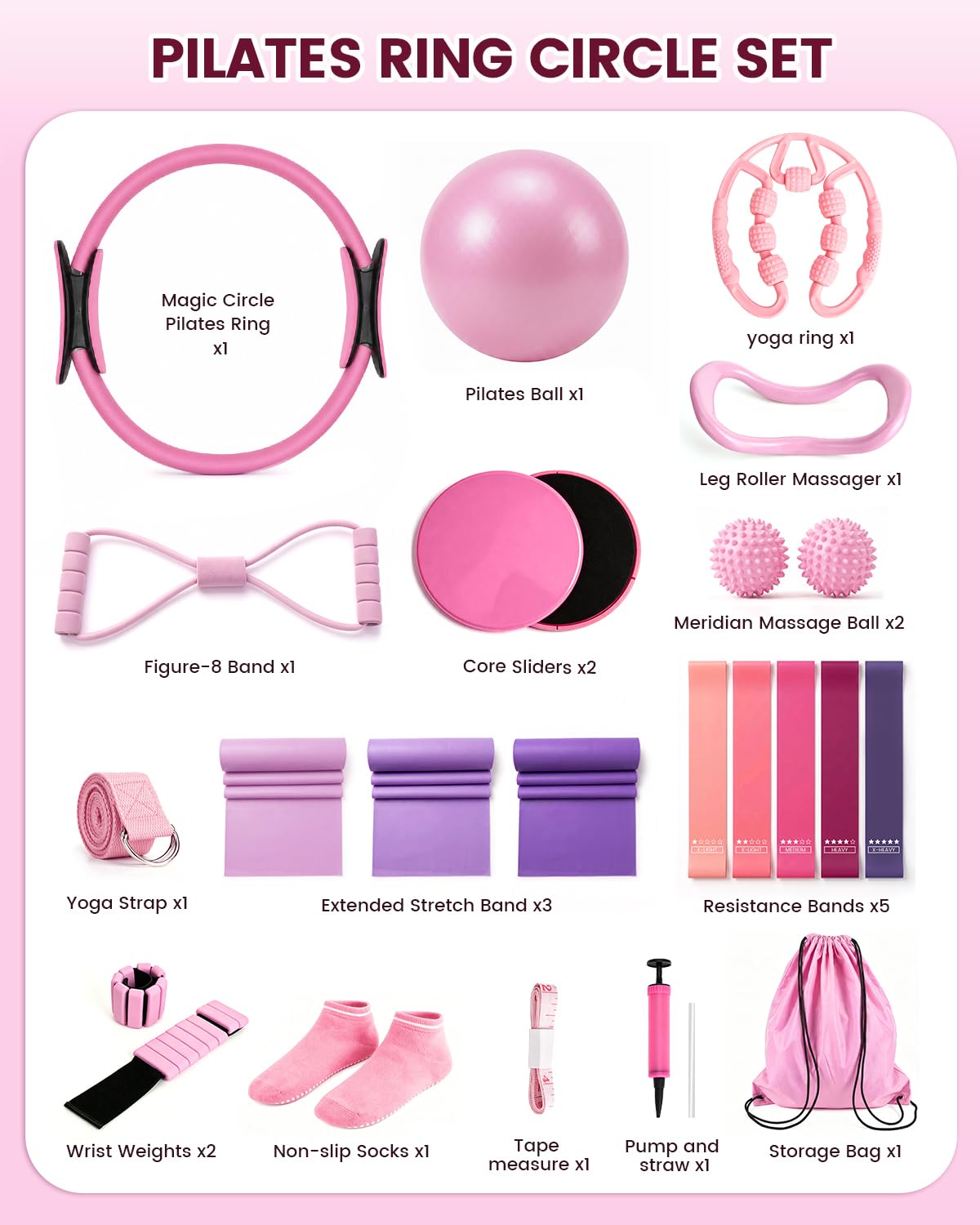 Kit per Pilates 24 in 1, kit per allenamento a casa, per donne, attrezzatura per pilates con anello e palla da 33 cm, per principianti e allenamenti a casa