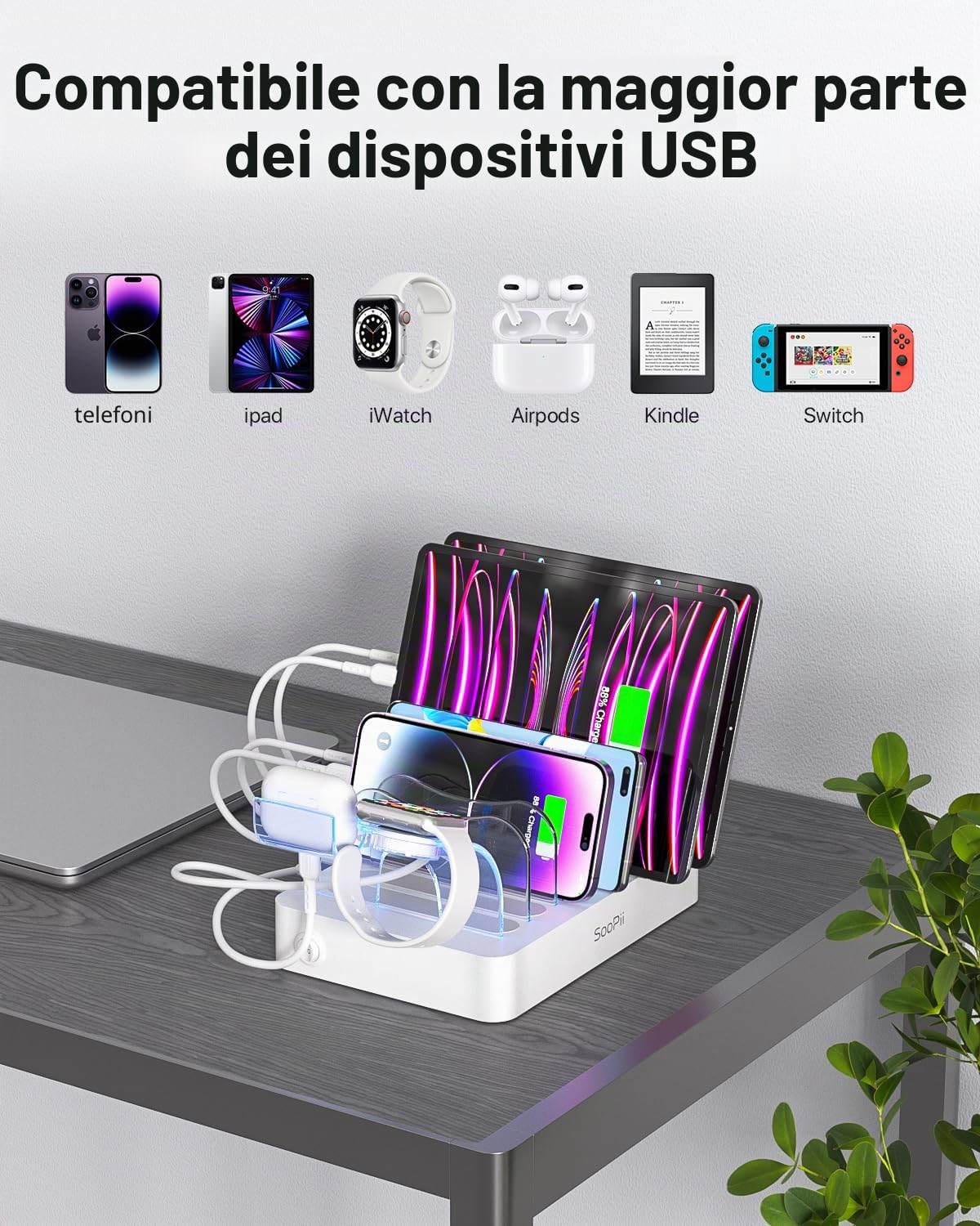 SooPii 50W Stazione di Ricarica USB a 6 Porte Caricatore USB, 6 Cavi di Ricarica Inclusi, per Cellulari, Tablet e Altri Dispositivi … (White)