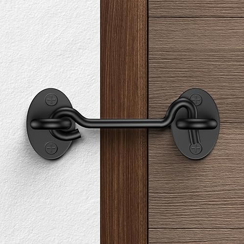 Miniatura 5 de Paquete de 2 cerraduras de puerta de granero de 6 pulgadas, gancho negro y pestillo de ojo con tornillos, pestillo de puerta de metal resistente al