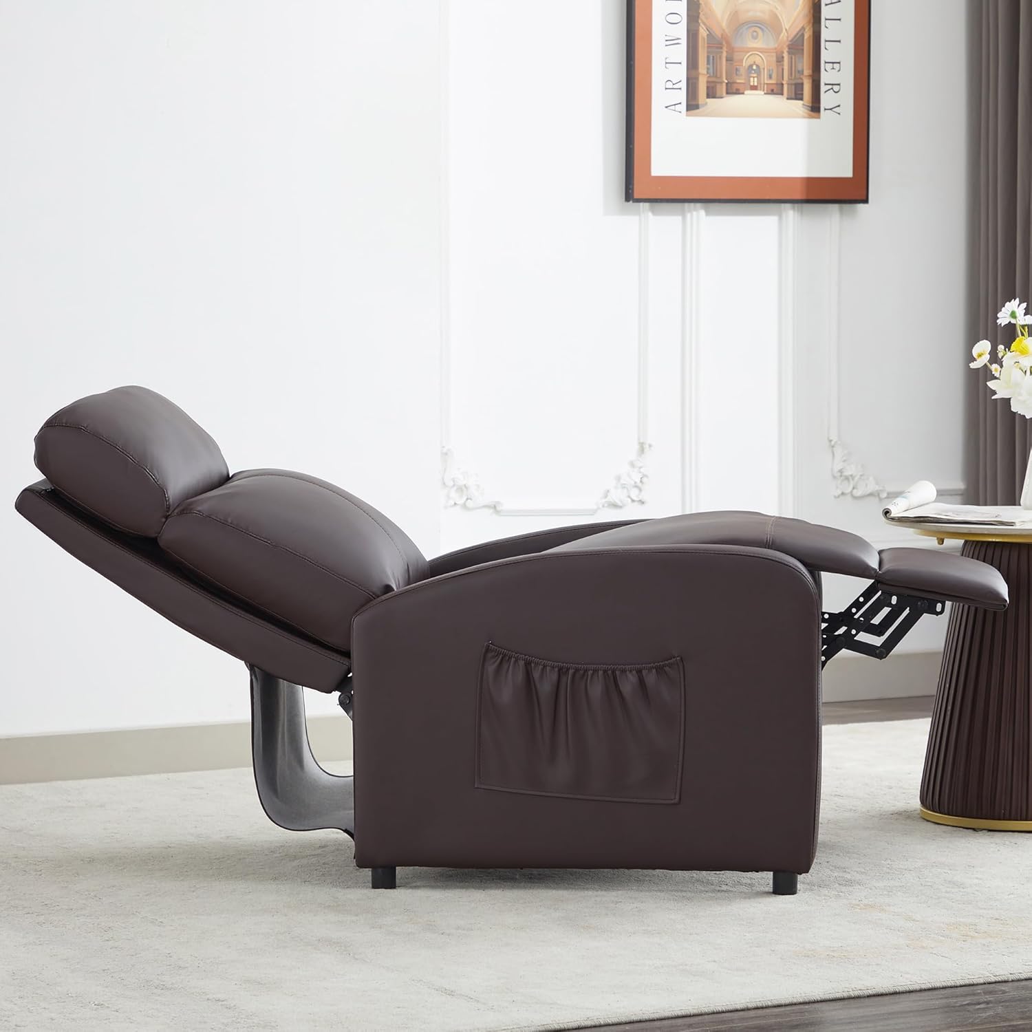 Push Back Recliner Chair, PU Leather Single Sofa with Lumbar Support, Padded Backrest, Side Pocket and Adjustable Leg Rest for Home Living Room Theatre (Brown)