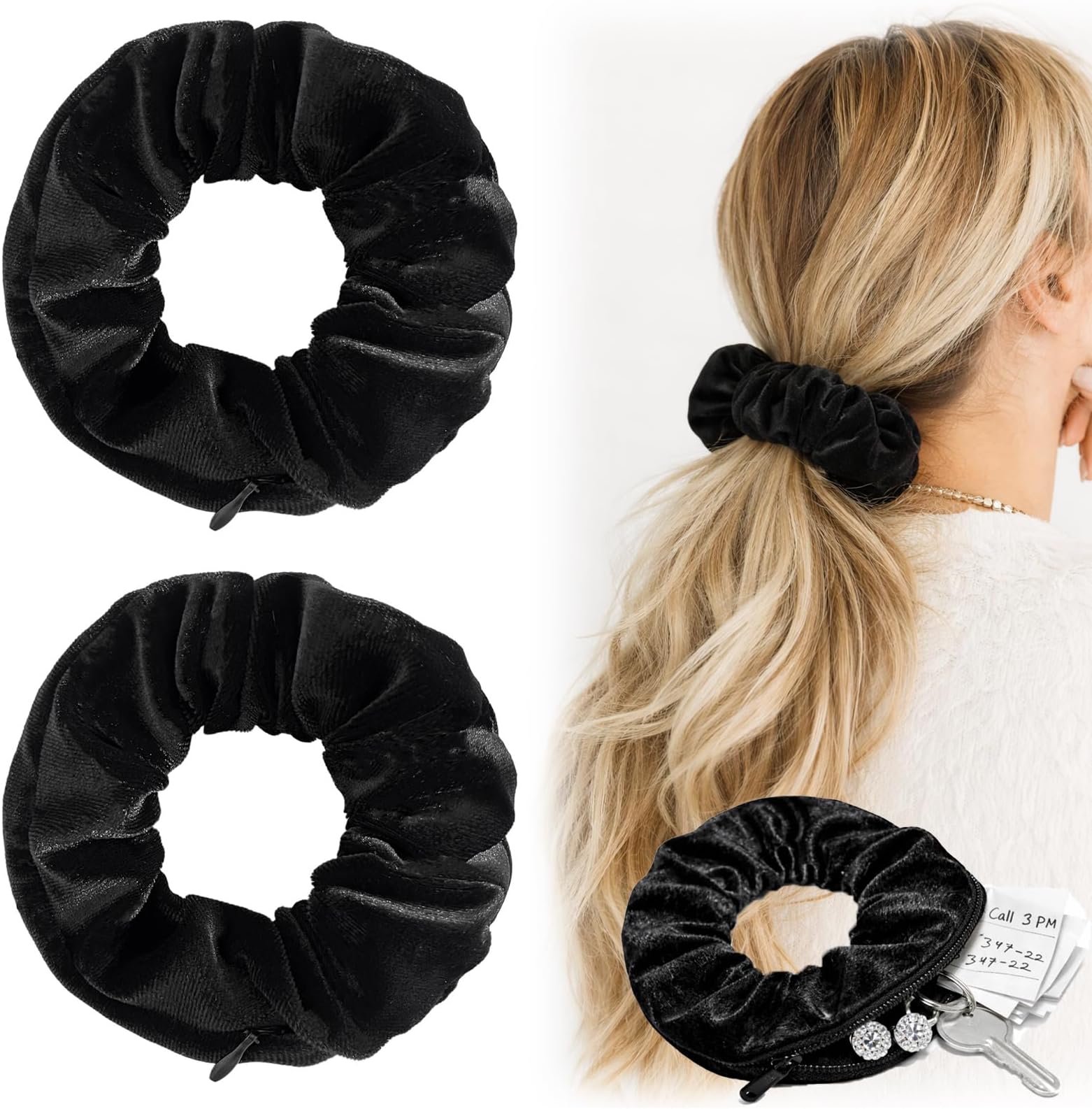 Hair Scrunchies with Concealed Zip Pocket, Black Elastic Hair Ties, 2-Pack | Gathered Fabric Design, Carries Keys, Coins or Folded Notes, for Gym Sessions, Travel, Events and Casual Outings