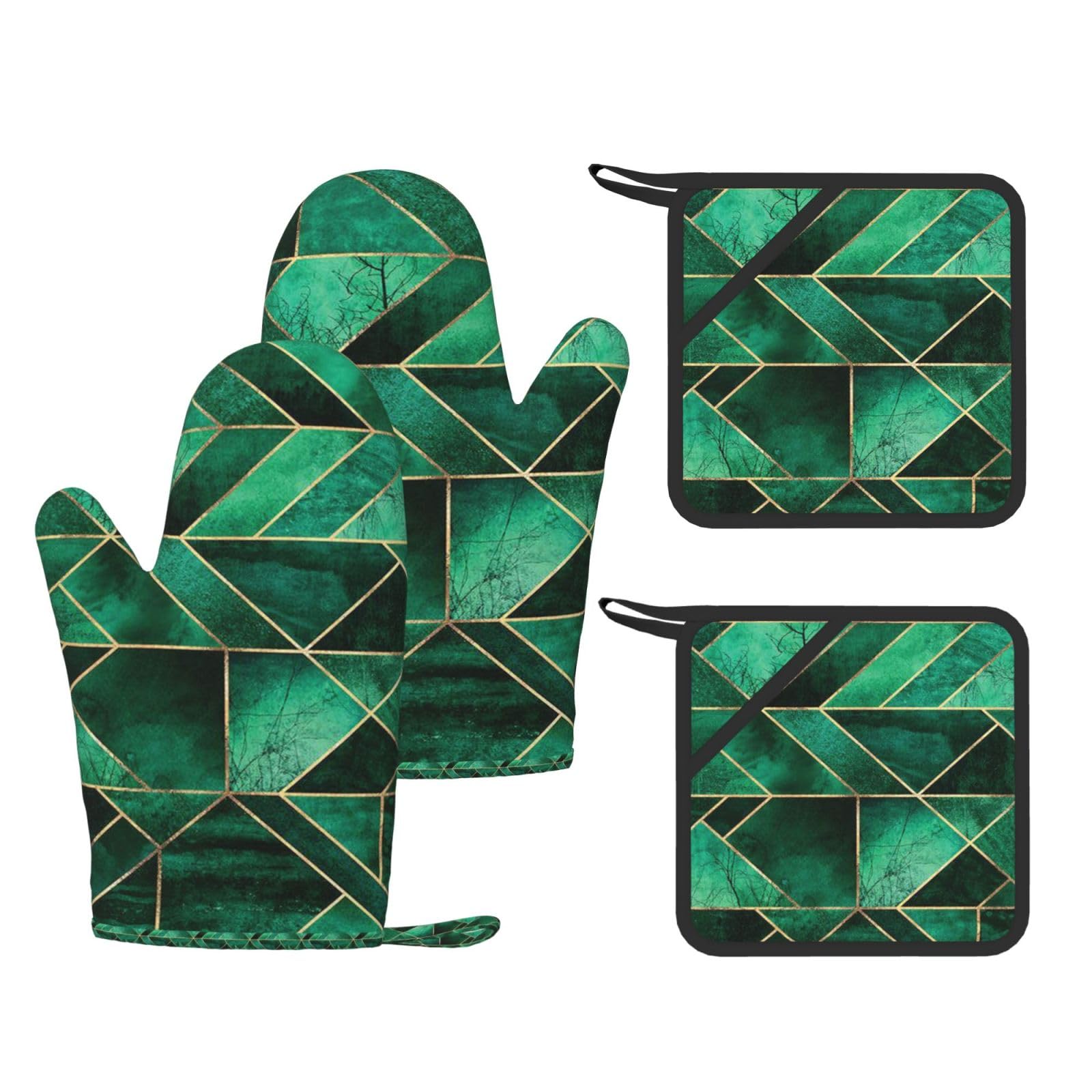 Ensemble de Quatre Gants et maniques résistants à la Chaleur, Gants de Cuisine antidérapants, maniques de Four, Motif Nature Abstraite - Vert émeraude