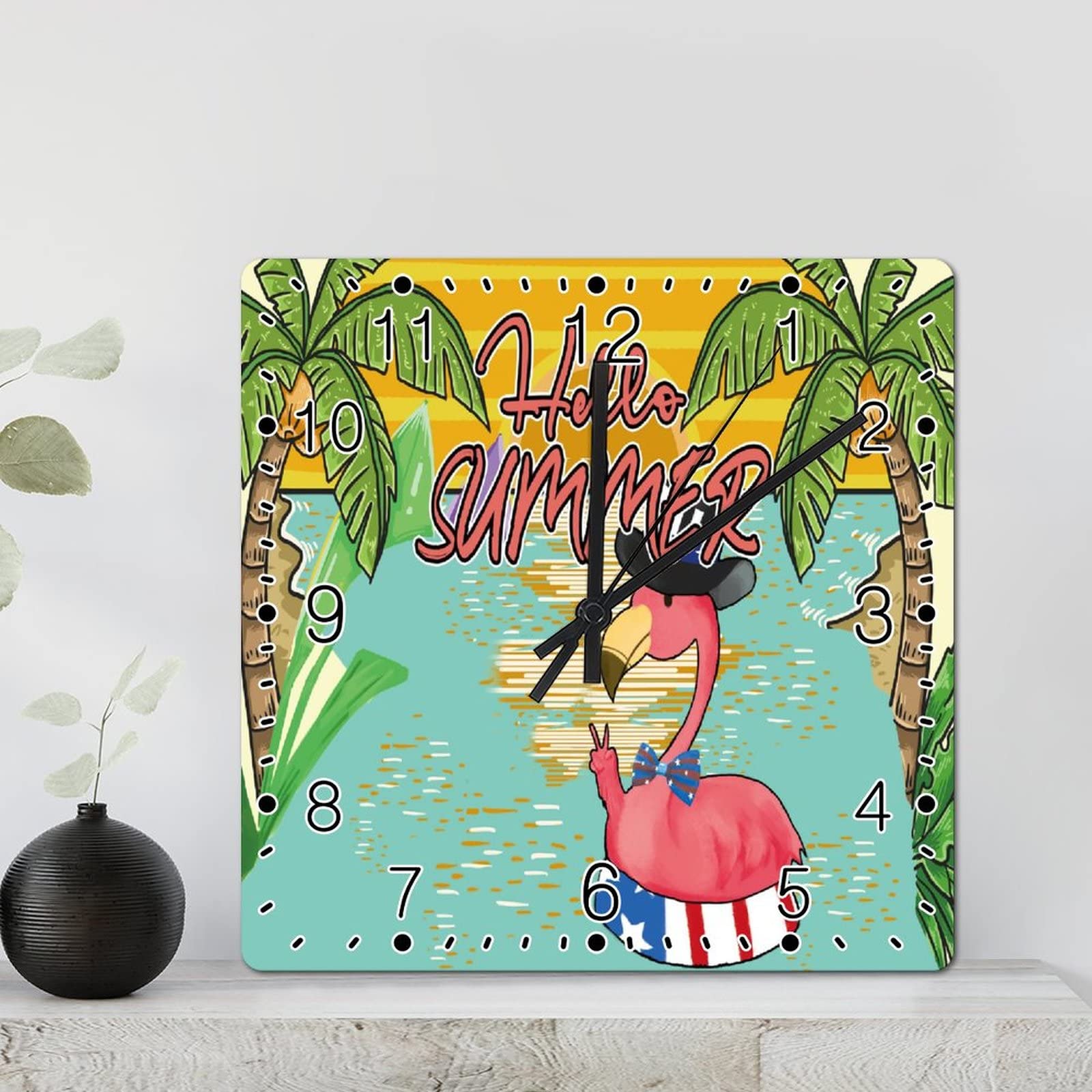 Horloge murale aquarelle flamant rose et fleurs tropicales 30cm