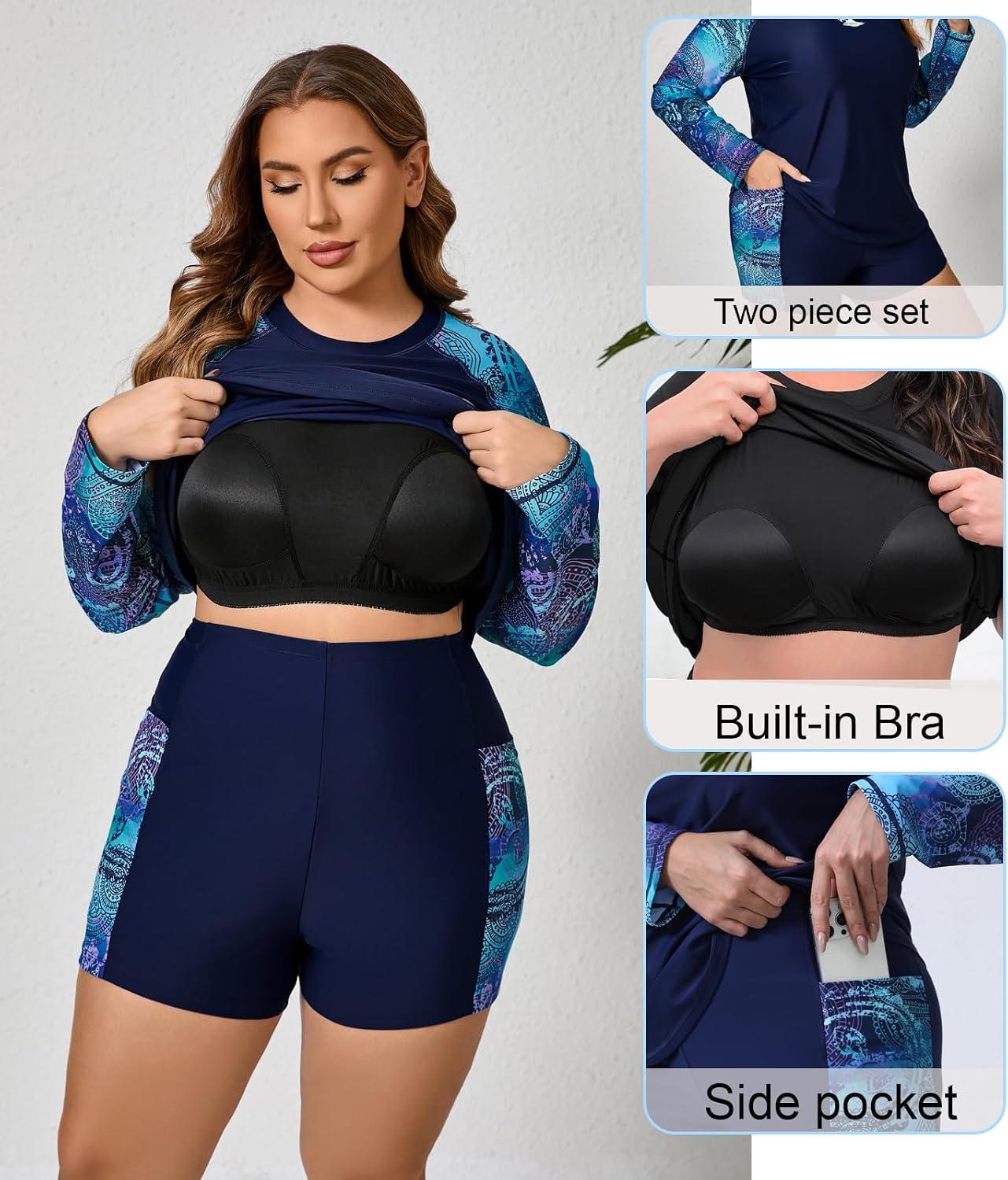 JOYBIK Women Plus Size Long Sleeve Rash Guard Built in Bra Swim Shirt and Shorts with Pockets UPF50+ Two Piece Swimsuit