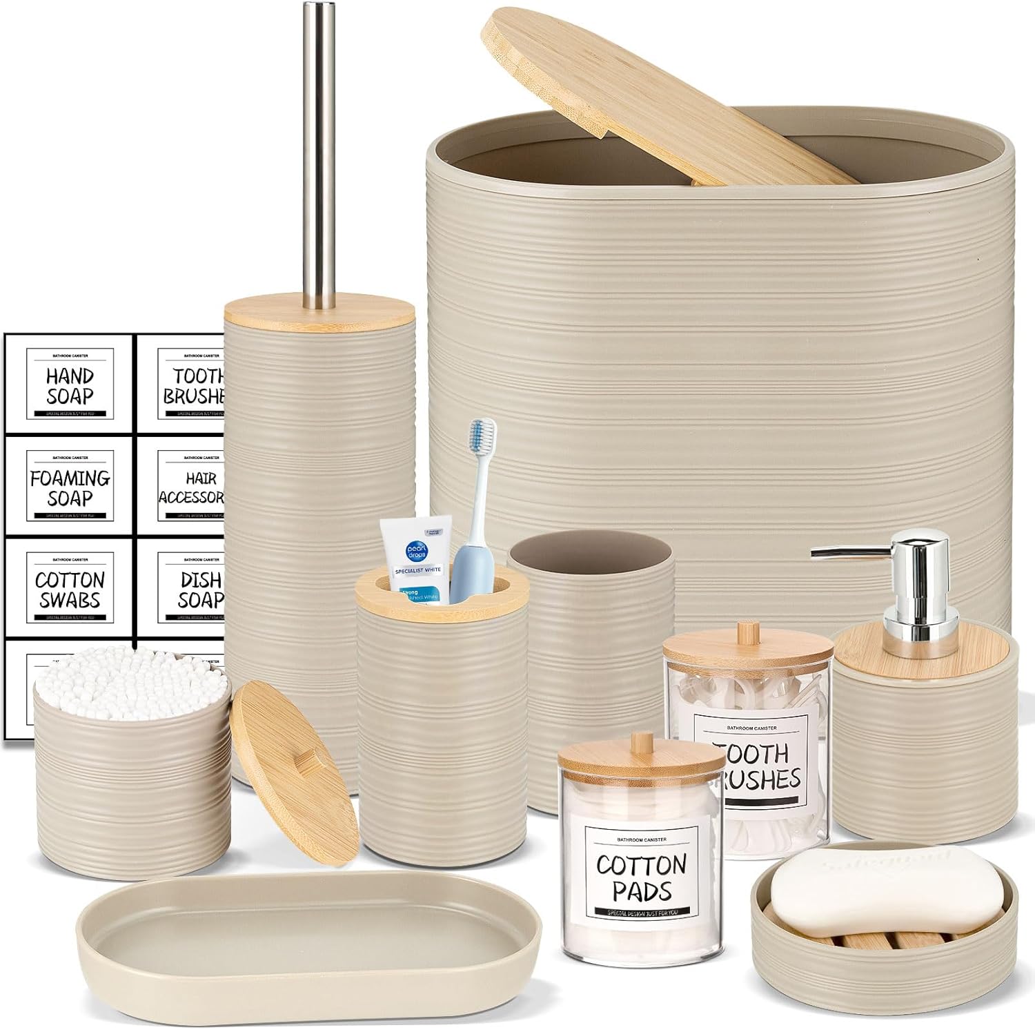 IMAVO Bathroom Accessory Set-11Pcs Apricot Bathroom Accessories Set with Trash Can,Soap Dispenser,Soap Dish,Toothbrush Holder,Toothbrush Cup,Toilet Brush Holder,Qtip Holder Dispenser with Labels IMAVO Bathroom Accessory Set-11Pcs Apricot Bathroom Accessories Set with Trash Can,Soap Dispenser,Soap Dish,Toothbrush Holder,Toothbrush Cup,Toilet Brush Holder,Qtip Holder Dispenser with Labels