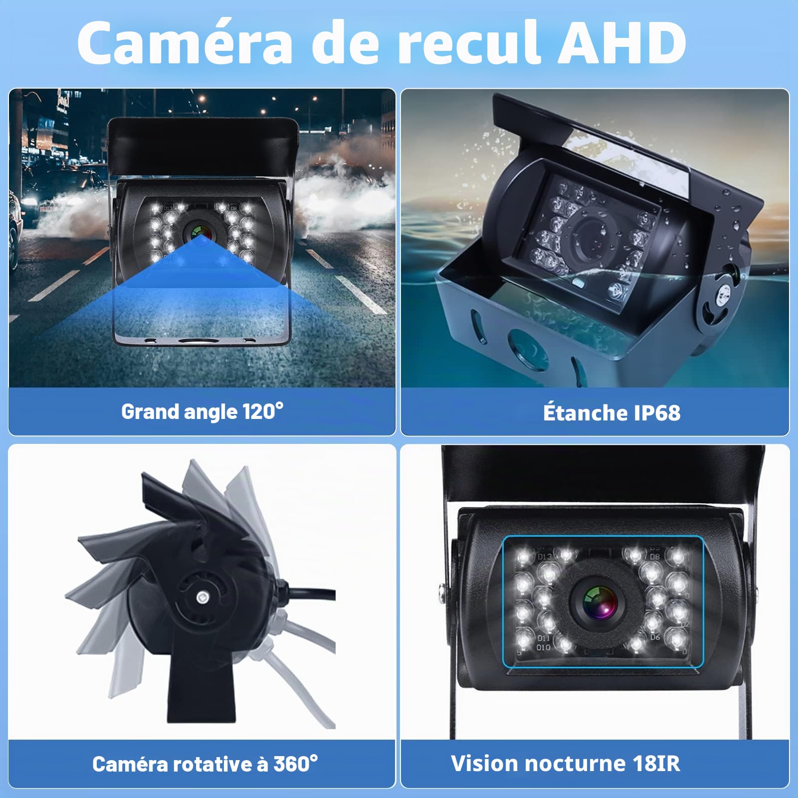Véhicule Caméra de recul - Camecho 22,9 cm/9 Pouces Moniteur 4 Split Front View, Camera recul Camion 18 IR étanche Vision de Nuit avec 0,6 x 10,1 m et 0,6 x 19,8 m Câbles pour RV, remorque, Bus