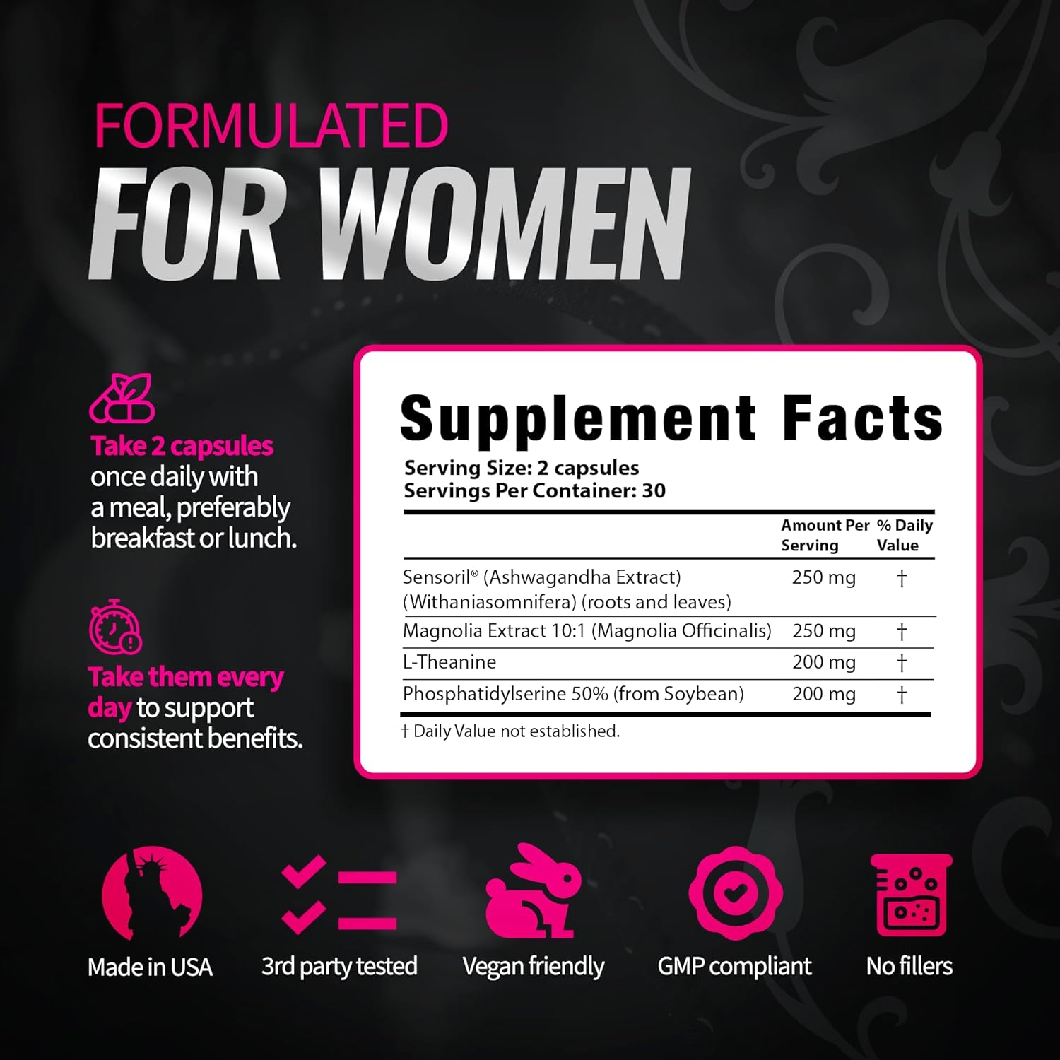 Cortisol Support for Women - Stress & Mood Balance Supplement with Sensoril® Ashwagandha, Magnolia Bark, L-Theanine & Phosphatidylserine - Supports Calm, Focus & Sleep Quality (60 Vegan Capsules)