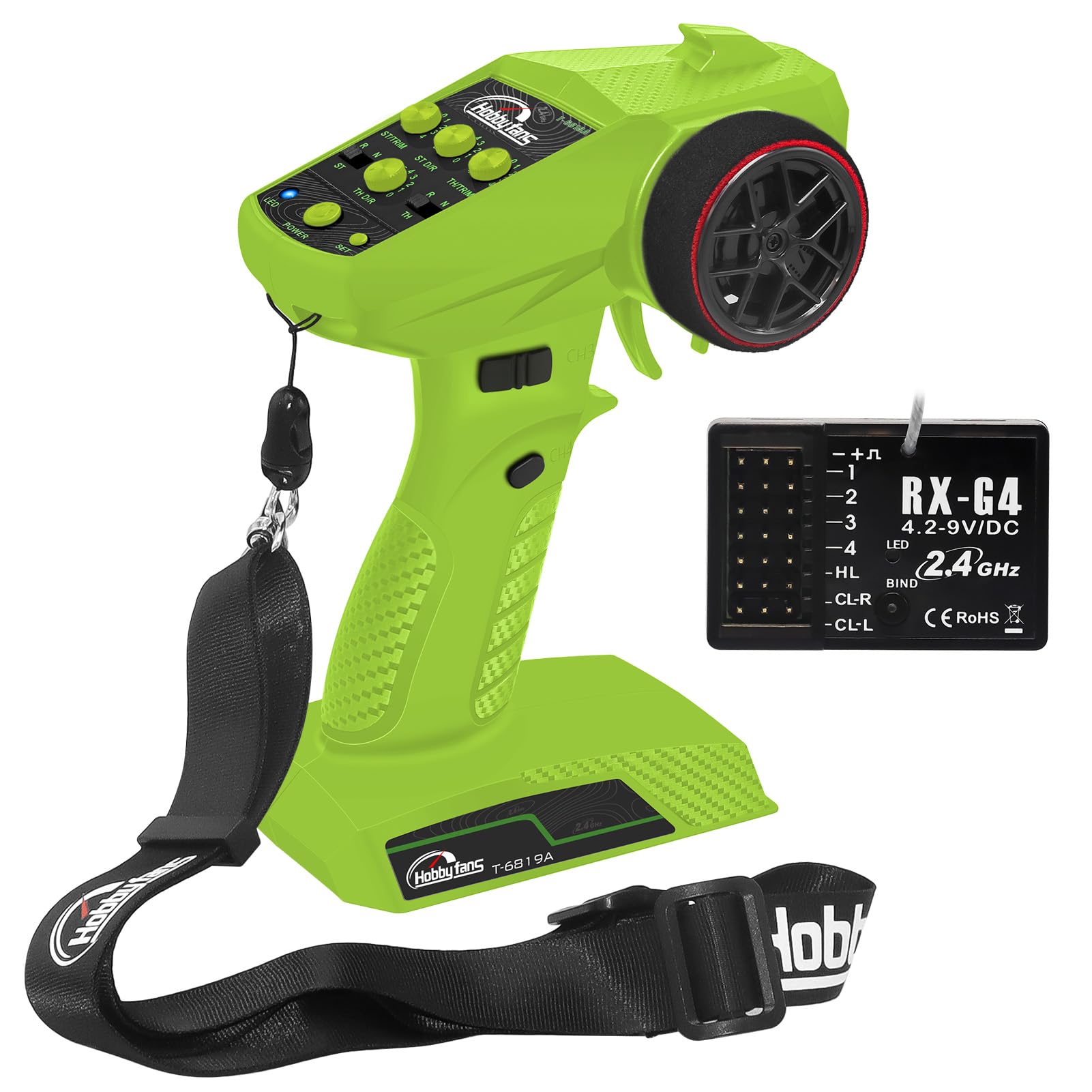 Hobby Fans RC Radio System 4CH 2.4G RC Transmitter with Receiver and Lanyard Anti-Jamming Remote Controller for RC Car Crawler Boat, Green & Black