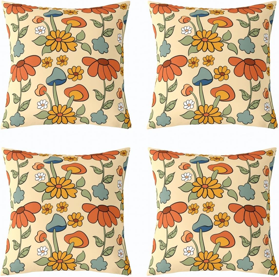 Mushroom Throw Pillow Covers 24"x24" Set of 2 Soft Mushroom Retro 60S 70S Floral Pillow Cases Cushion Covers for Living Room Bedroom Vintage Flowers Decorative Throw Pillowcases for Sofa Couch Chair