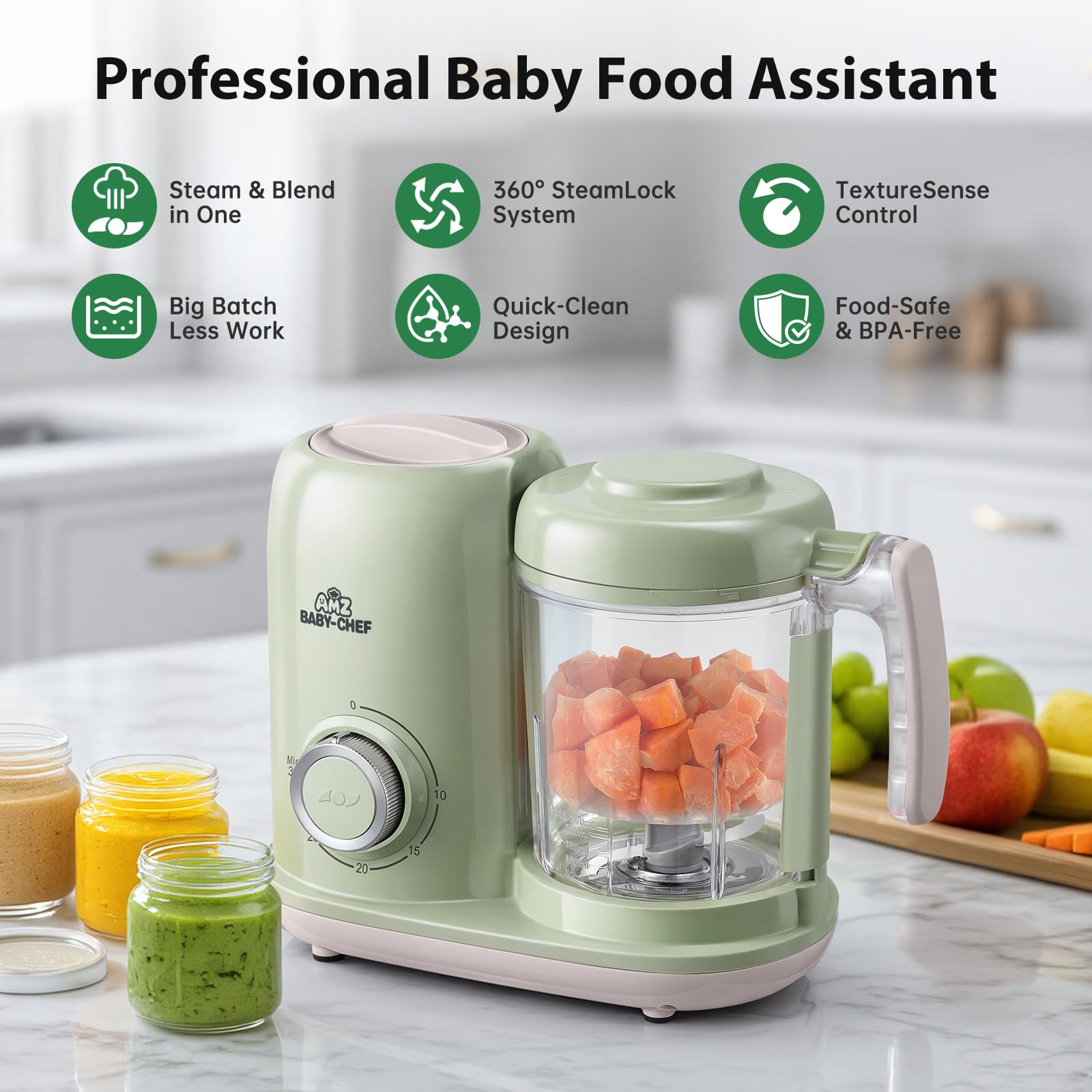 AMZBABYCHEF Máquina de alimentos para bebés, procesador de alimentos para bebés 4 en 1 y vaporizador, licuadora de puré, máquina multifuncional para puré de bebé, apta para lavavajillas (verde)