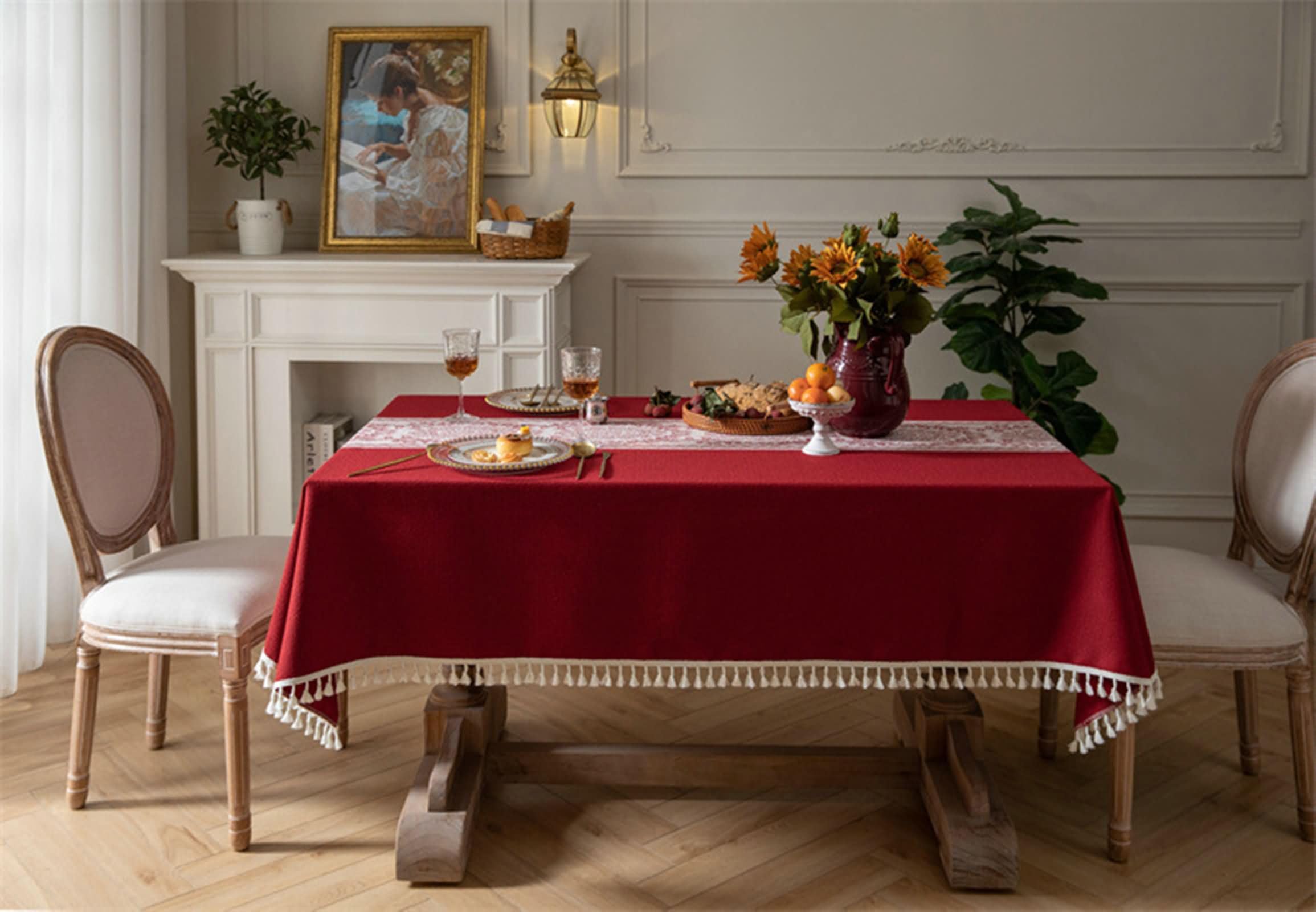 Mantel Lavable Antimanchas Rectangular Rojo, Estampado Floral con Borlas, de Poliéster Fácil de Limpiar, 140 x 220 cm, Mantel para Mesa de Centro