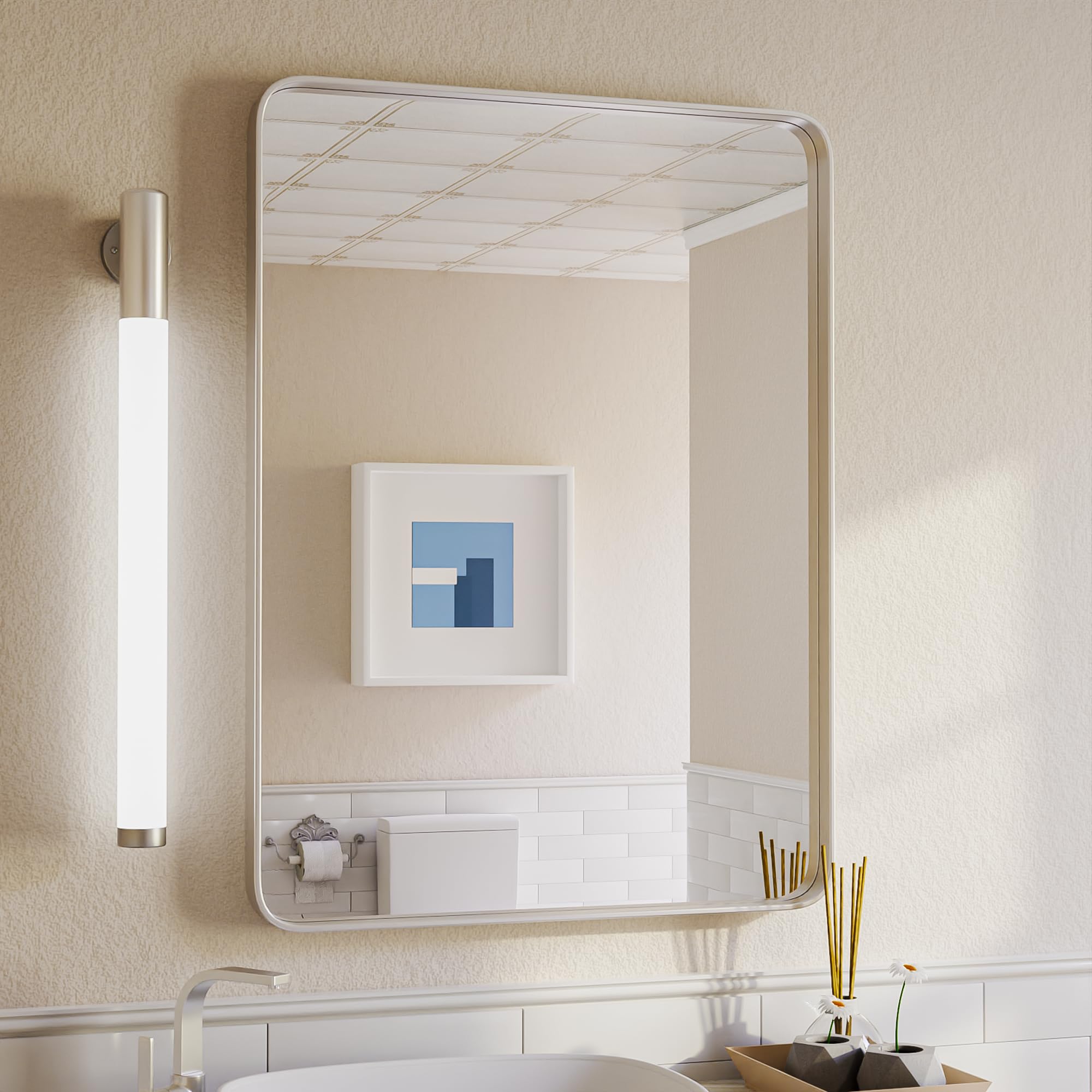 Photo 1 of ISKM 60x30 Silver Bathroom Vanity Mirror, Aluminum Alloy Frame Wall Mirror