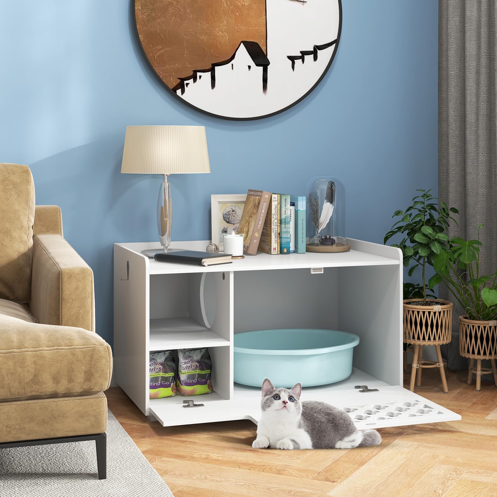 COSTWAY Mobile per Lettiera per Gatti, Panca con Cuscino Rimovibile per Gatti da Interno, Bianco, 90 x 48,5 x 52 cm