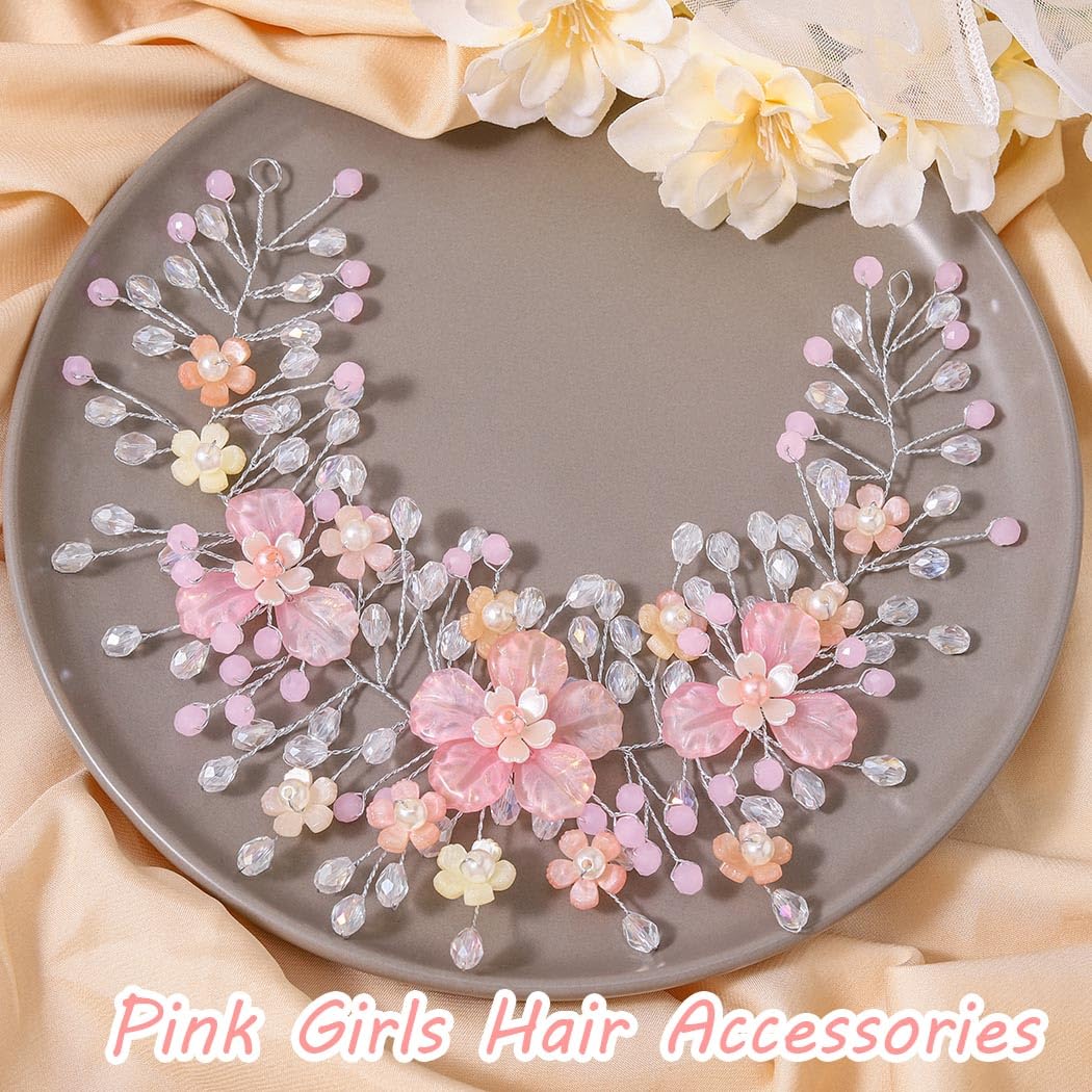 Campsis Flower Girls Hair Accessory Pink Floral Headband Crystal Wedding Bridal Headpiece for Women - Image 4
