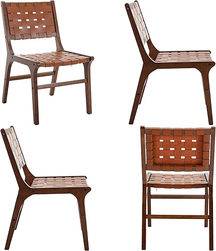 Miniatura 7 de Juego de 2 sillas de comedor estilo granja, de piel sintética, modernas, con tiras tejidas, cómodas, patas de madera, para comedor, sala de estar,