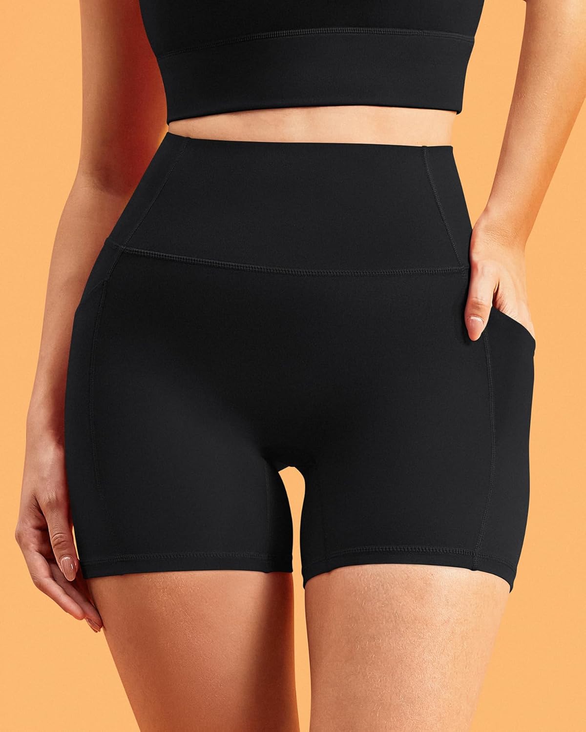 Bareluxe 5" Biker Shorts with Pockets, Tummy Control High Waisted Athletic Workout Shorts for Women