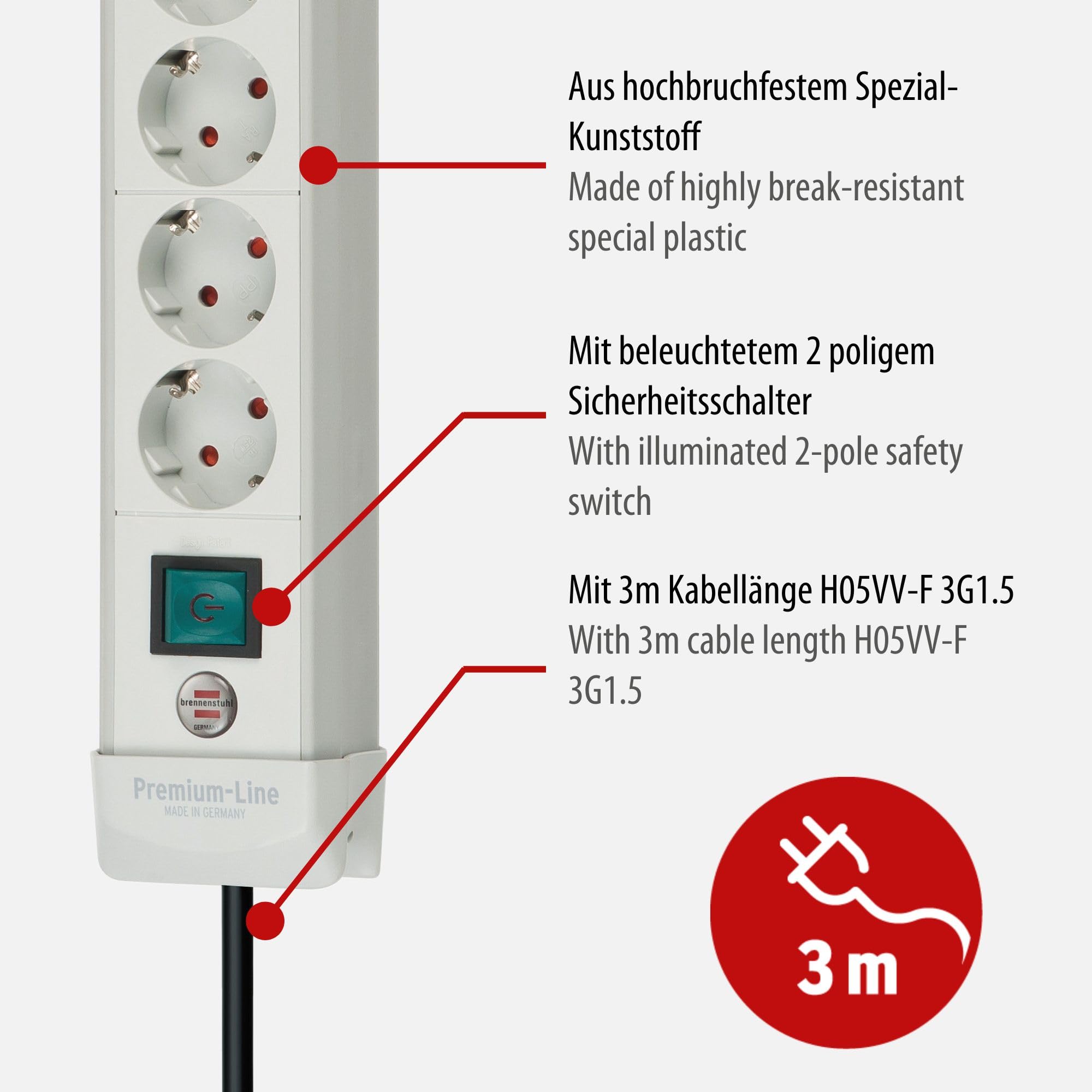Brennenstuhl Premium-Line regleta de enchufes con 6 Tomas de Corriente (Cable de 3m, con Interruptor, montable, Fabricado en Alemania) Gris (Paquete de 2)