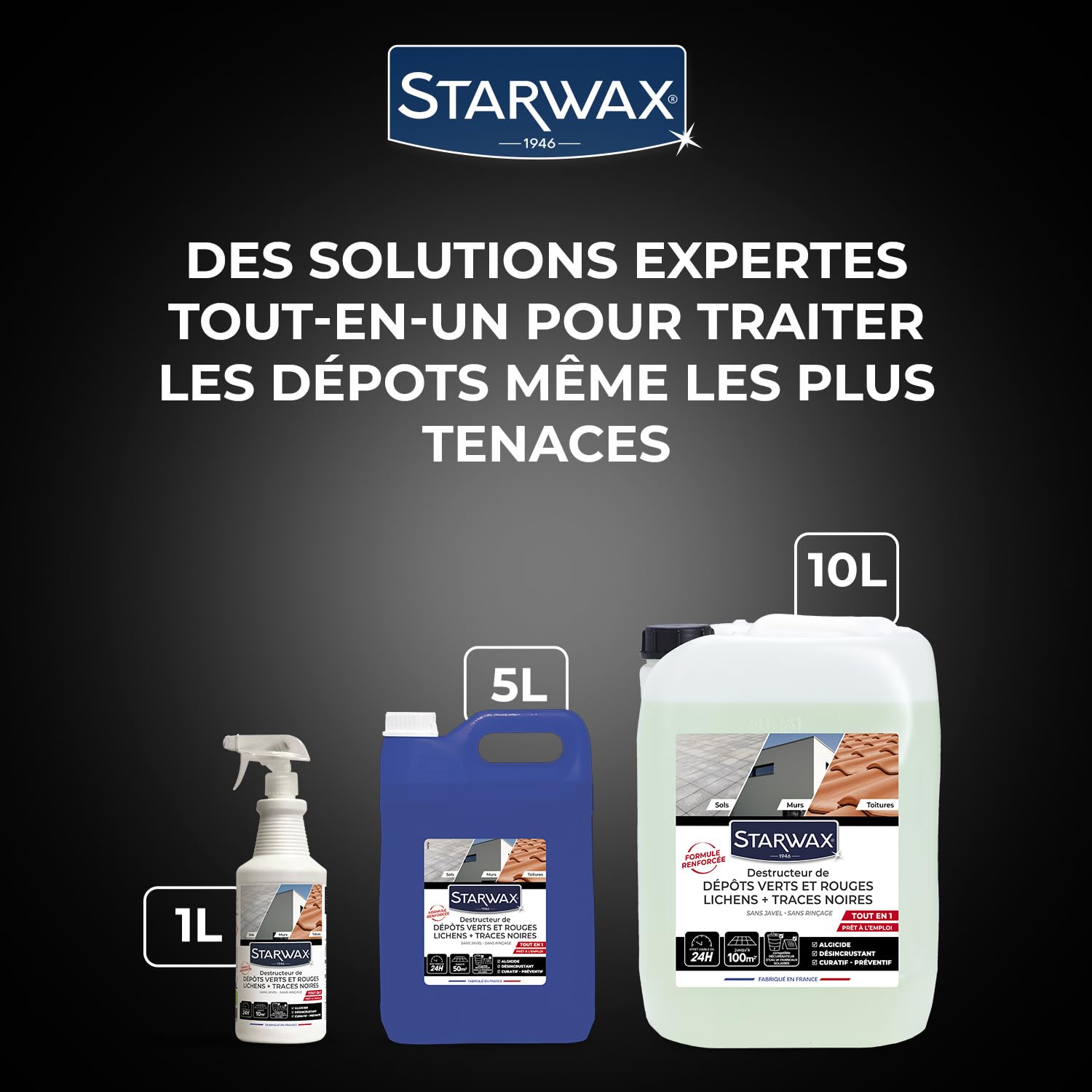 STARWAX Destructeur Tout en un de dépôts verts rouges lichens et traces noires 10L, prêt à l'emploi, toitures murs et sols extérieurs, algicide curatif et préventif, sans javel, rendement 10m²/L