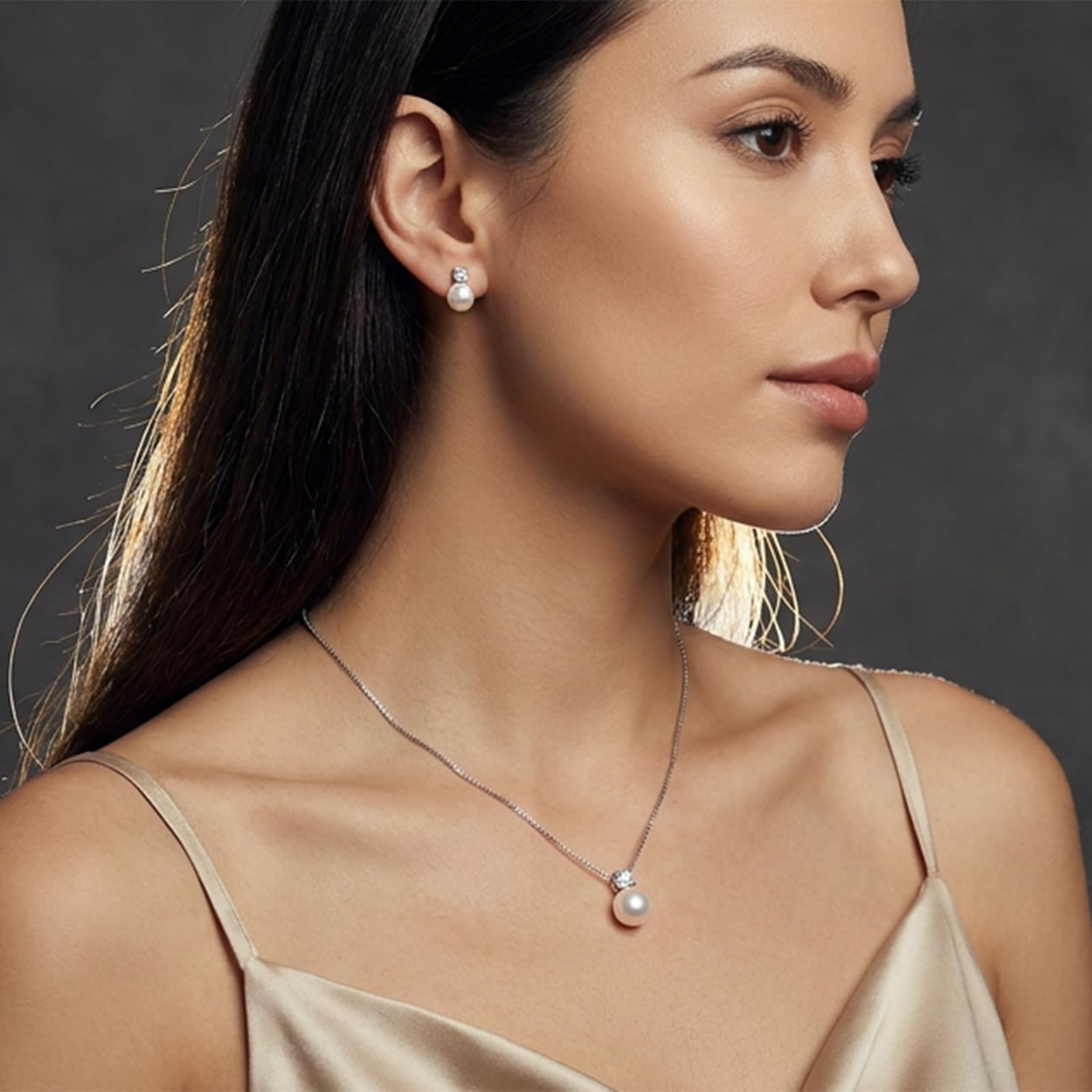 YAMI Collana di perle d'acqua dolce, in argento Sterling 925, con orecchini di perle abbinati, ciondolo con perle di zirconia cubica 5A, elegante collana a forma di clavicola, regalo di lusso per