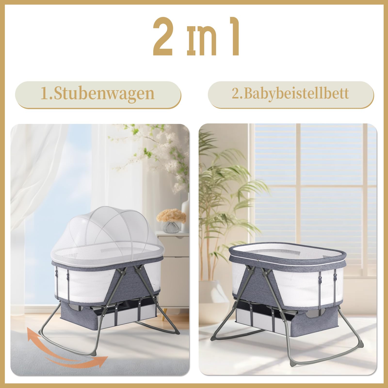 XJD Baby Beistellbett, 2 in 1 Babybett klappbar, Stubenwagen mit Aufbewahrungskorb, Reisebett mit weich Matratze, Transporttasche, Moskitonetz, Babywiege für 0-6 Monate, von Geburt bis 10 kg, Grau