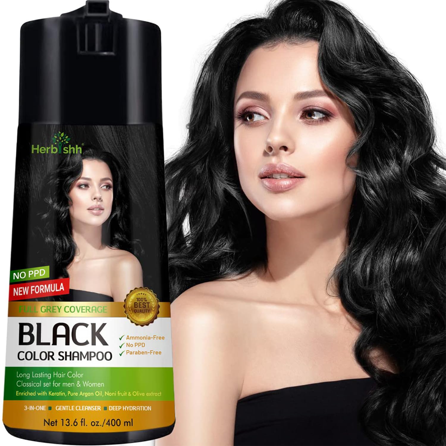 Herbishh Hair Colour Shampoo (Black, 400ml)- No PPD & Ammonia Hair Color for Women & Men| Permanent Dye with 100% Grey Coverage Up To 3 Weeks| 3-in-1 Formula with Keratin & Herbal Extracts