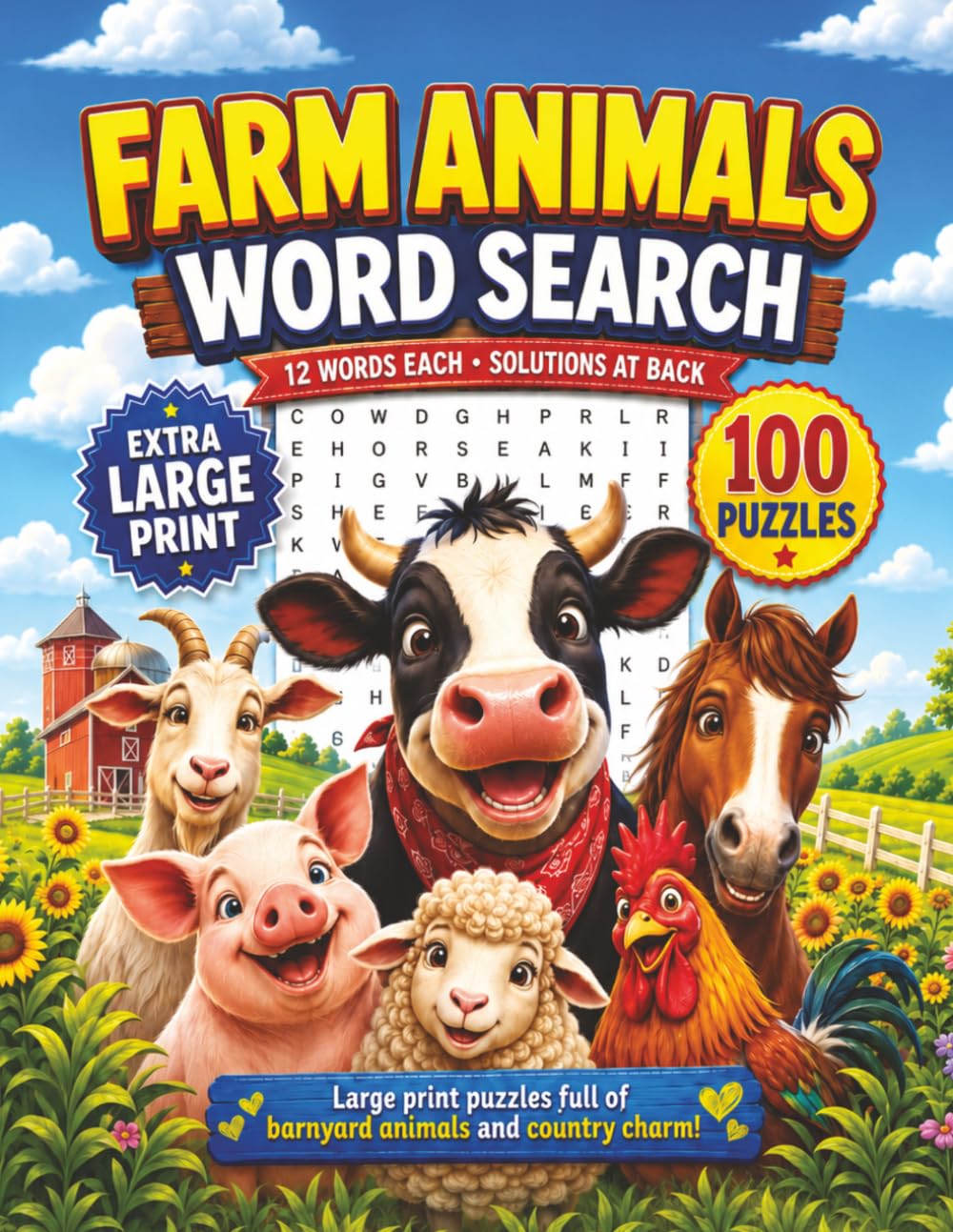 Farm Animals Word Search: Large Print Puzzle Book for Adults and Seniors with 100 Easy Barnyard Animal Puzzles, Country Farm Themes, and Full Solutions