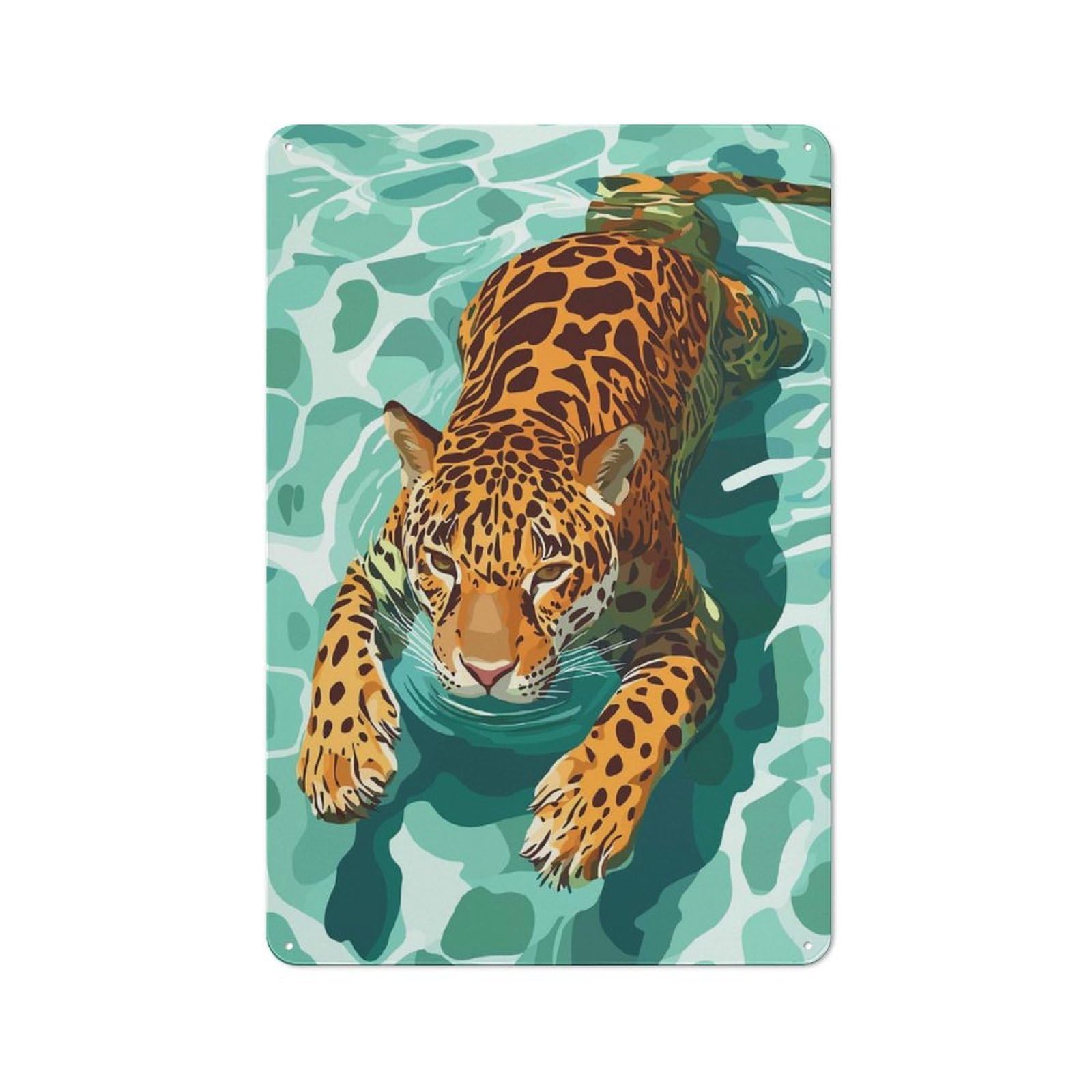 Junmoney Style-9 Jaguar Swimming In Water Illustration Rustic Tin Sign 30X20cm For Hallway Wall, For Home Decor Fans Who Collect Metal Signs