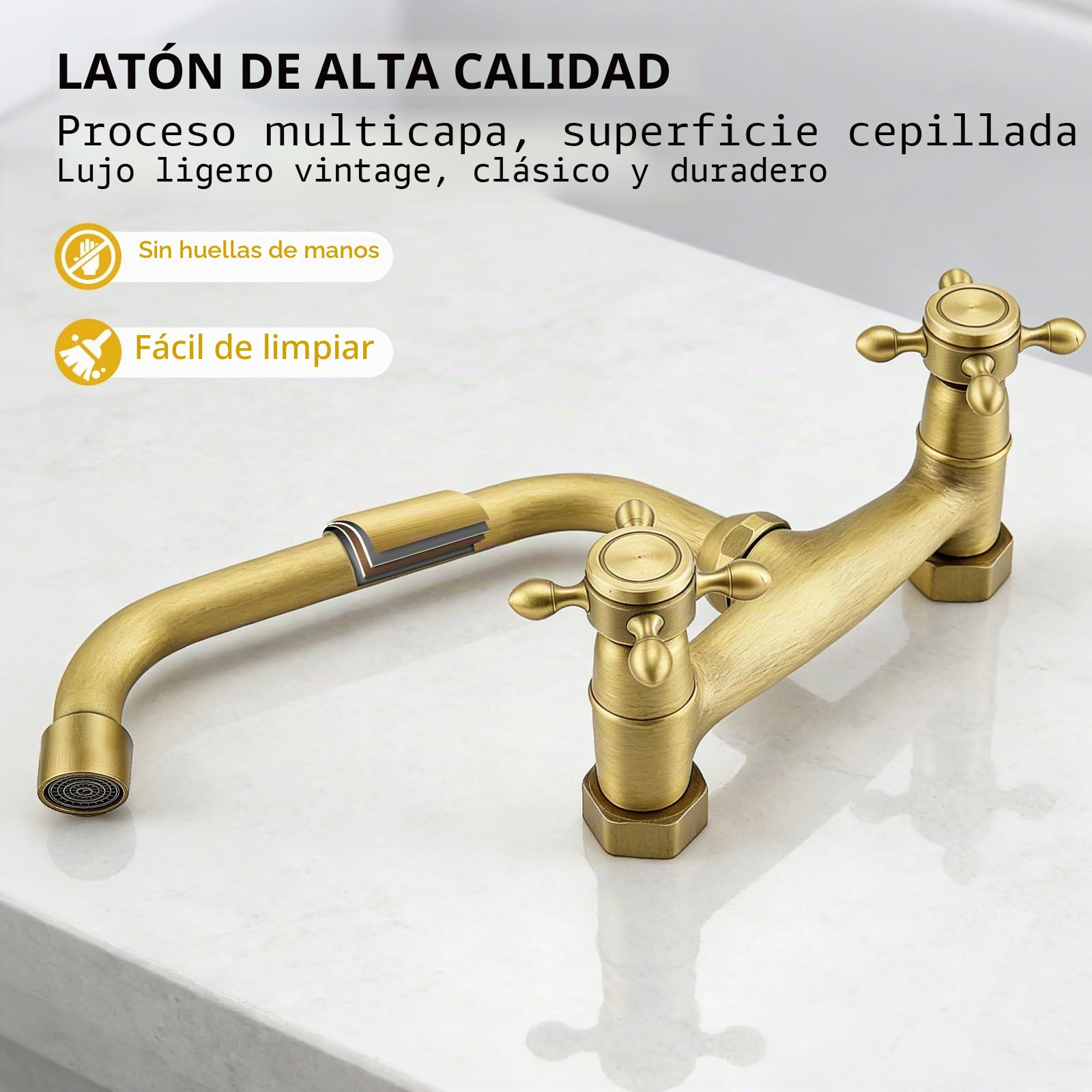 Grifo de pared para lavabo de baño en latón envejecido, mezclador vintage de pared para fregadero de cocina, giratorio 360°, doble maneta para grifo de cocina y baño, caño 25 cm