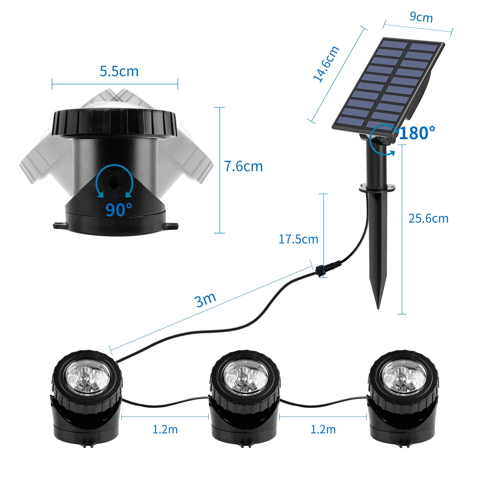 Illuminazione solare per laghetto, per esterni, faretto subacqueo regolabile, luce subacquea RGB, cambia colore, IP68, impermeabile, per auto on/off, illuminazione per esterni, 3 pezzi