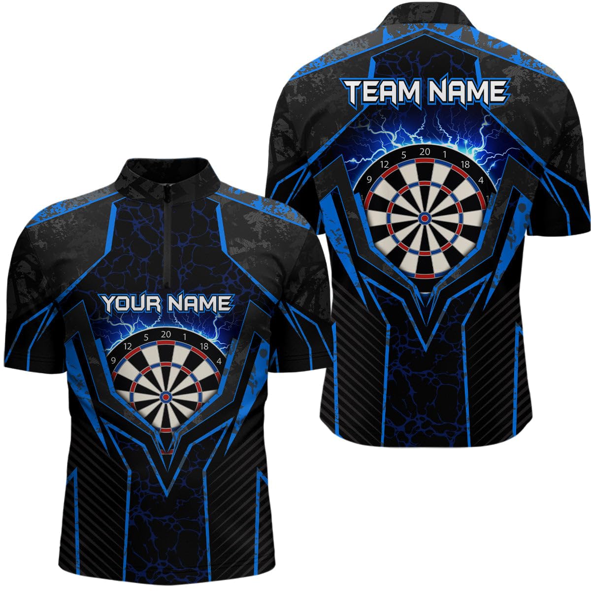 Blaues Blitz-Dartshirt mit Viertelreißverschluss – Individuelles Dartshirt für Herren & Damen – Darttrikots L1398