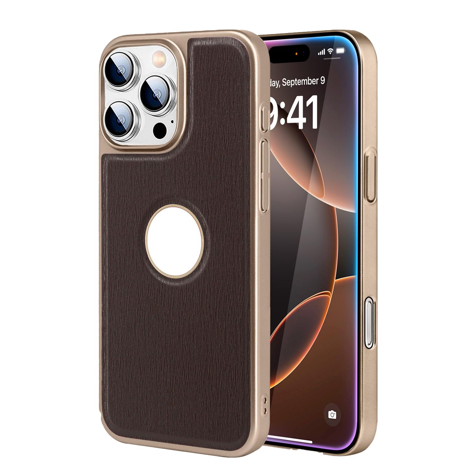 Smukłe etui do iPhone 16 Pro Max/16 Pro/16 Plus/16, wzór kory skóra biznesowa galwanizowana obudowa z widokiem logo etui ochronne, mosiądz, 16