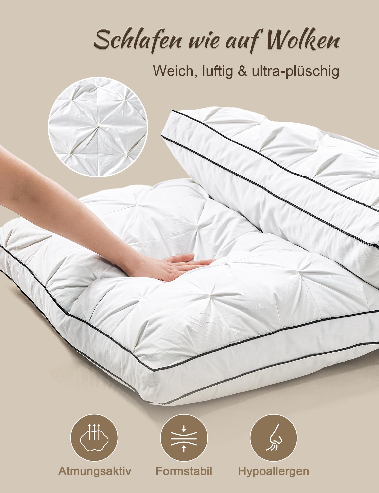 BPC Daunenkissen 80x80 cm 2er Set, 3-Kammer Kopfkissen | 90% Daunen außen & Federkern | Weich und formstabil | 100% Bio-Baumwoll-Bezug | Waschbar & pflegeleicht