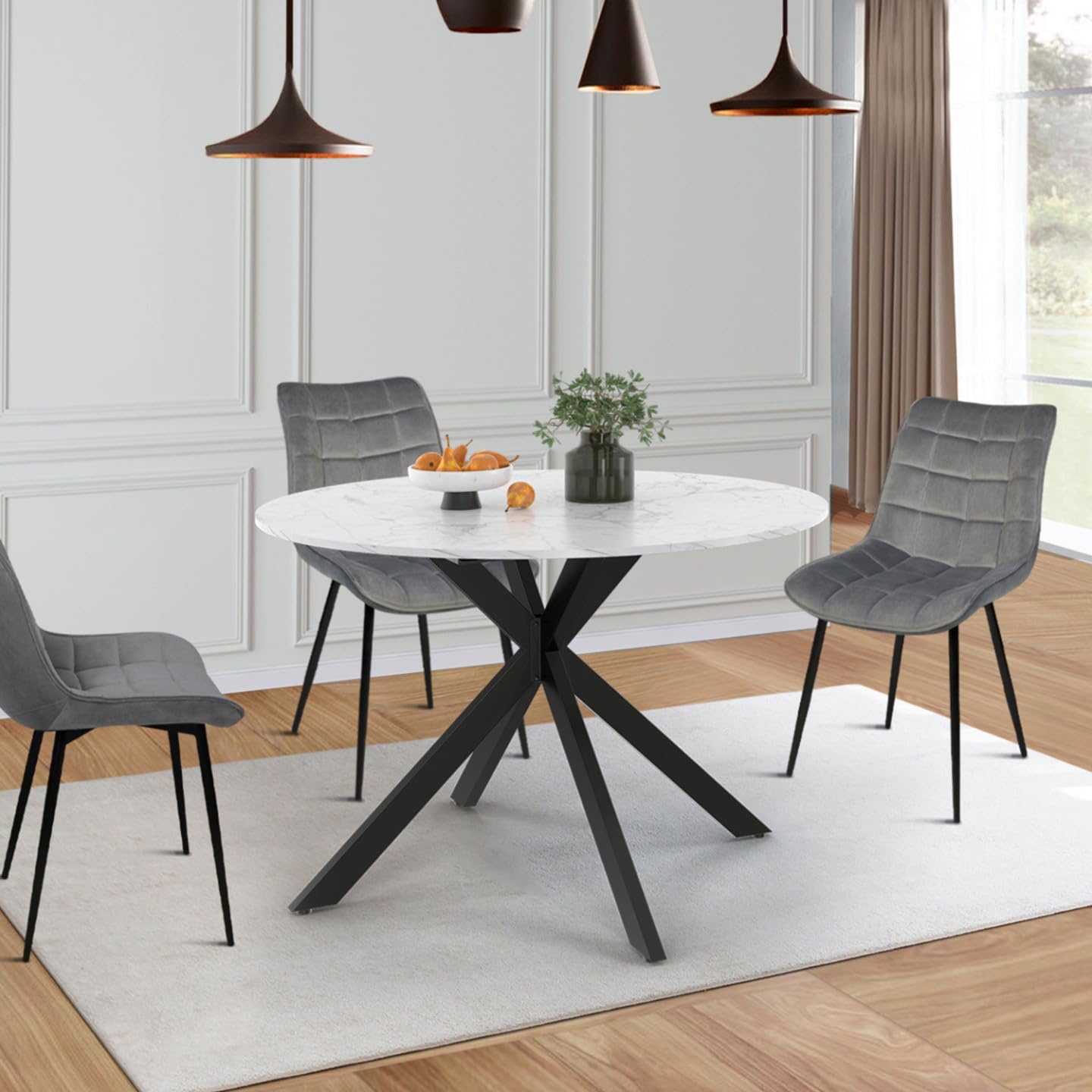 IDMarket - Tavolo da pranzo rotondo allungabile ALIX, 4-8 persone, gamba a ragno in metallo nero, piano effetto marmo ALASKA, 110-150 cm