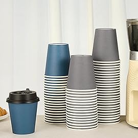 LITOPAK 100 Pack 10 oz Disposable Paper Coffee Cups with Lids for Coffee, Water, Juice, or Tea, Blue and Gray Hot Paper Cups for Home, Restaurant, Store, and Cafe